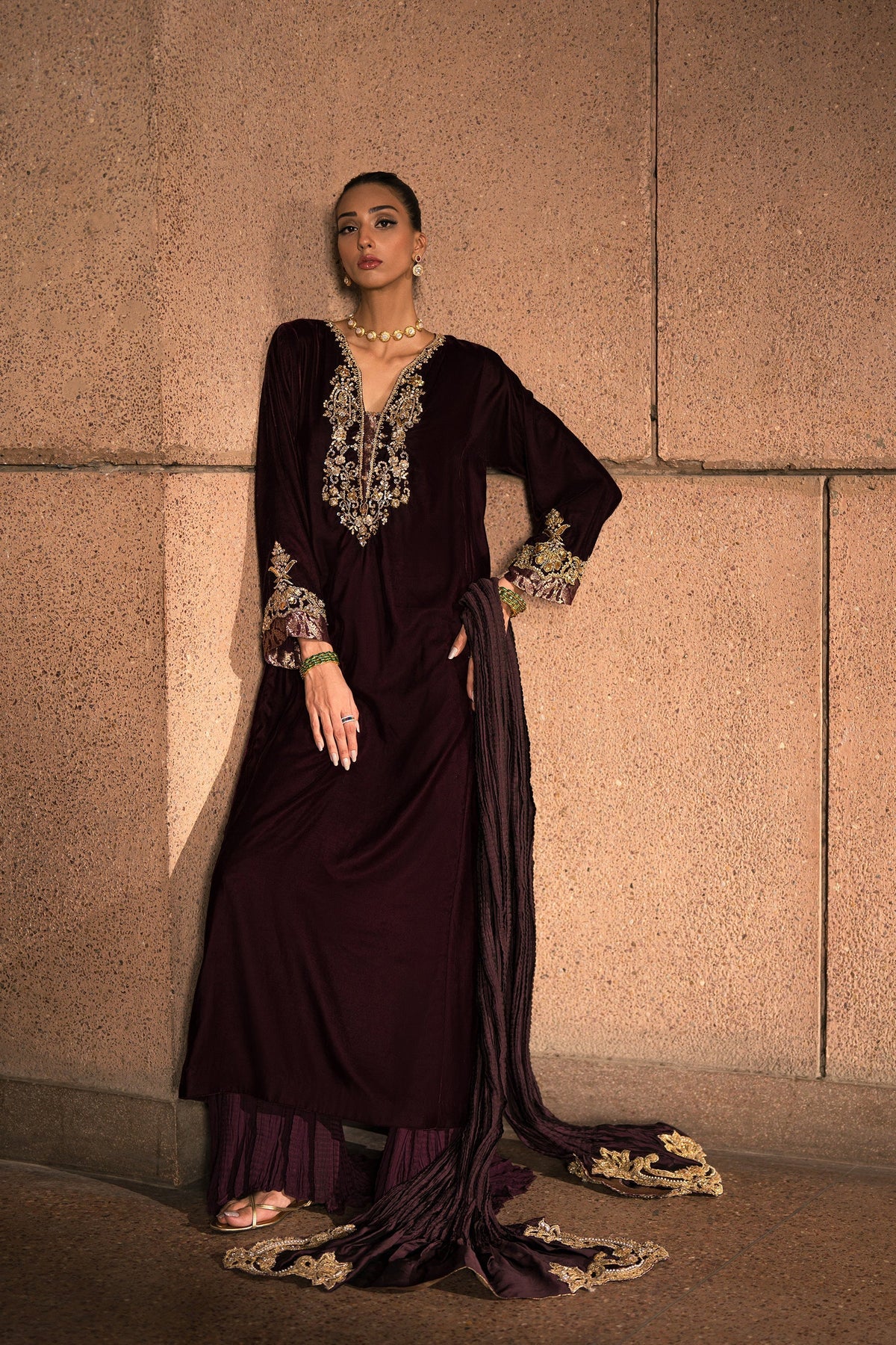 Ammara Khan | Rendezvous Velvet | Majestic Plum Velvet Ensemble (D-05) by Ammara Khan - Designer Dress - Type: Ladies Clothes - Available at Libayah - 100% Original