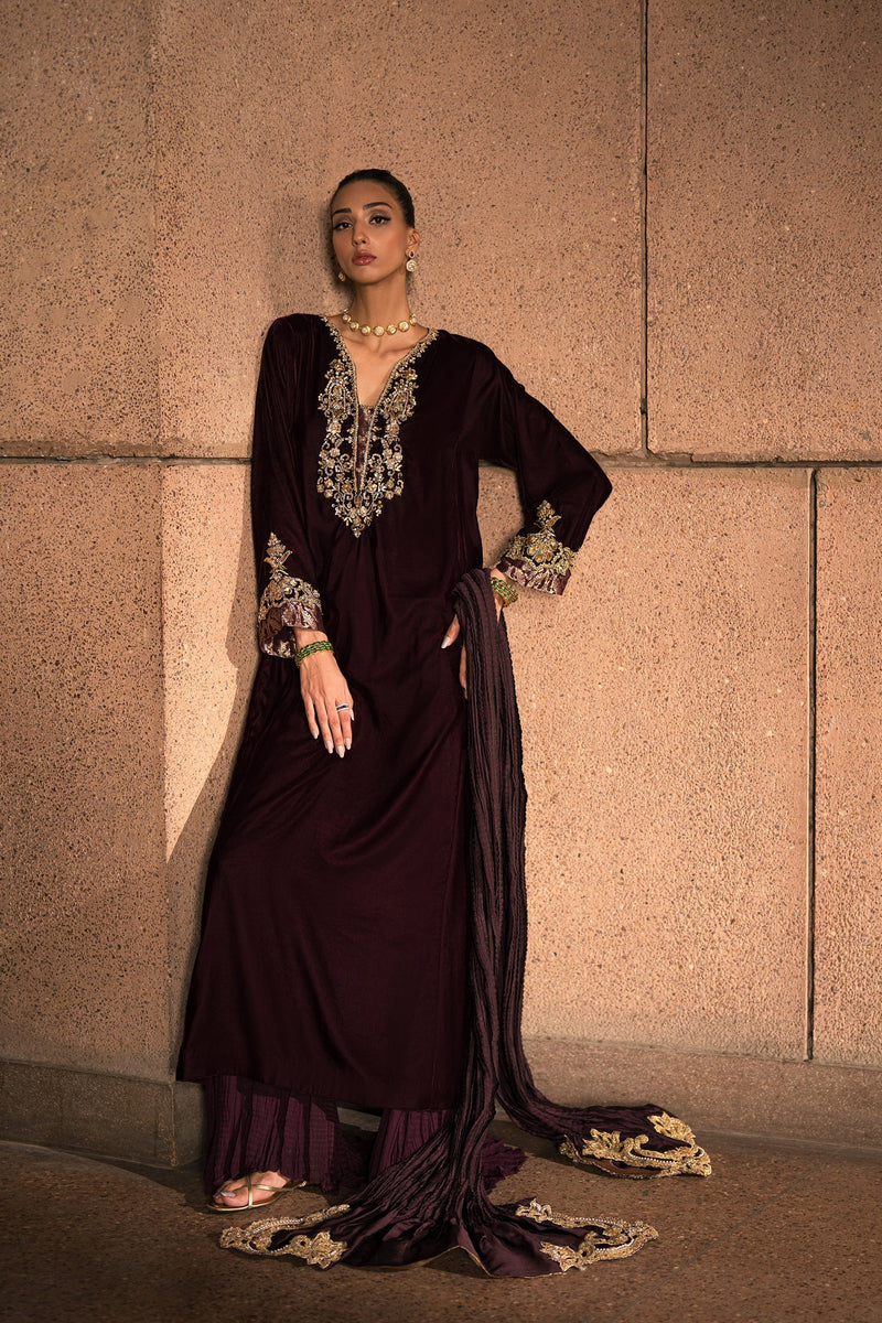 Ammara Khan | Rendezvous Velvet | Majestic Plum Velvet Ensemble (D-05) by Ammara Khan - Designer Dress - Type: Ladies Clothes - Available at Libayah - 100% Original