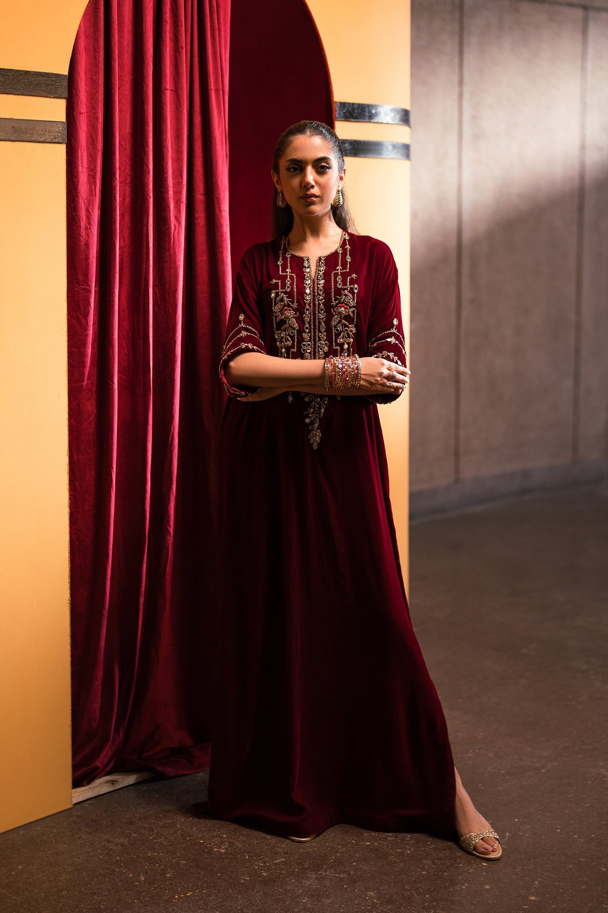 Ammara Khan | Rendezvous Velvet | Bold Scarlet Beauty Kaftan (D-11) by Ammara Khan - Designer Dress - Type: Ladies Clothes - Available at Libayah - 100% Original