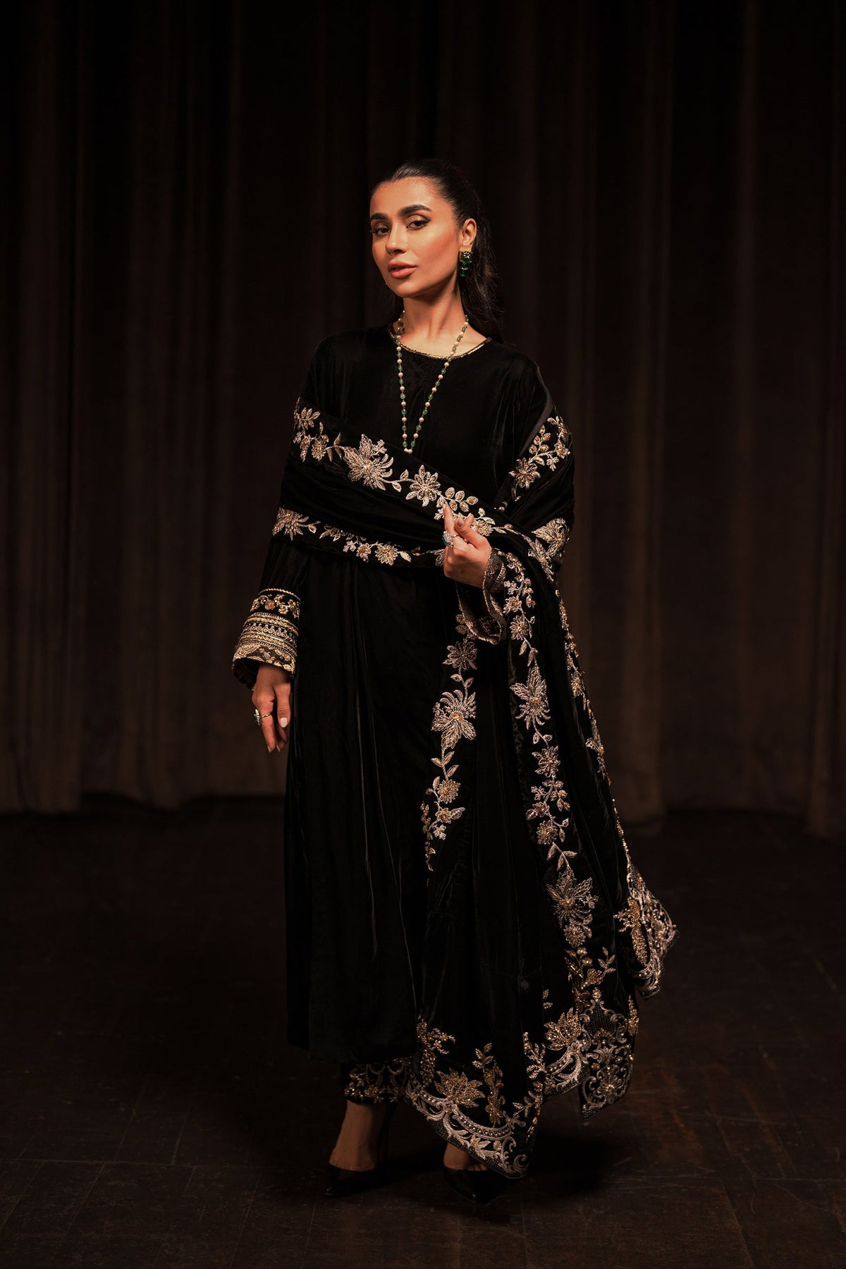 Ammara Khan | Rendezvous Velvet | Grand Black Velvet Shawl Set (D-10) by Ammara Khan - Designer Dress - Type: Ladies Clothes - Available at Libayah - 100% Original