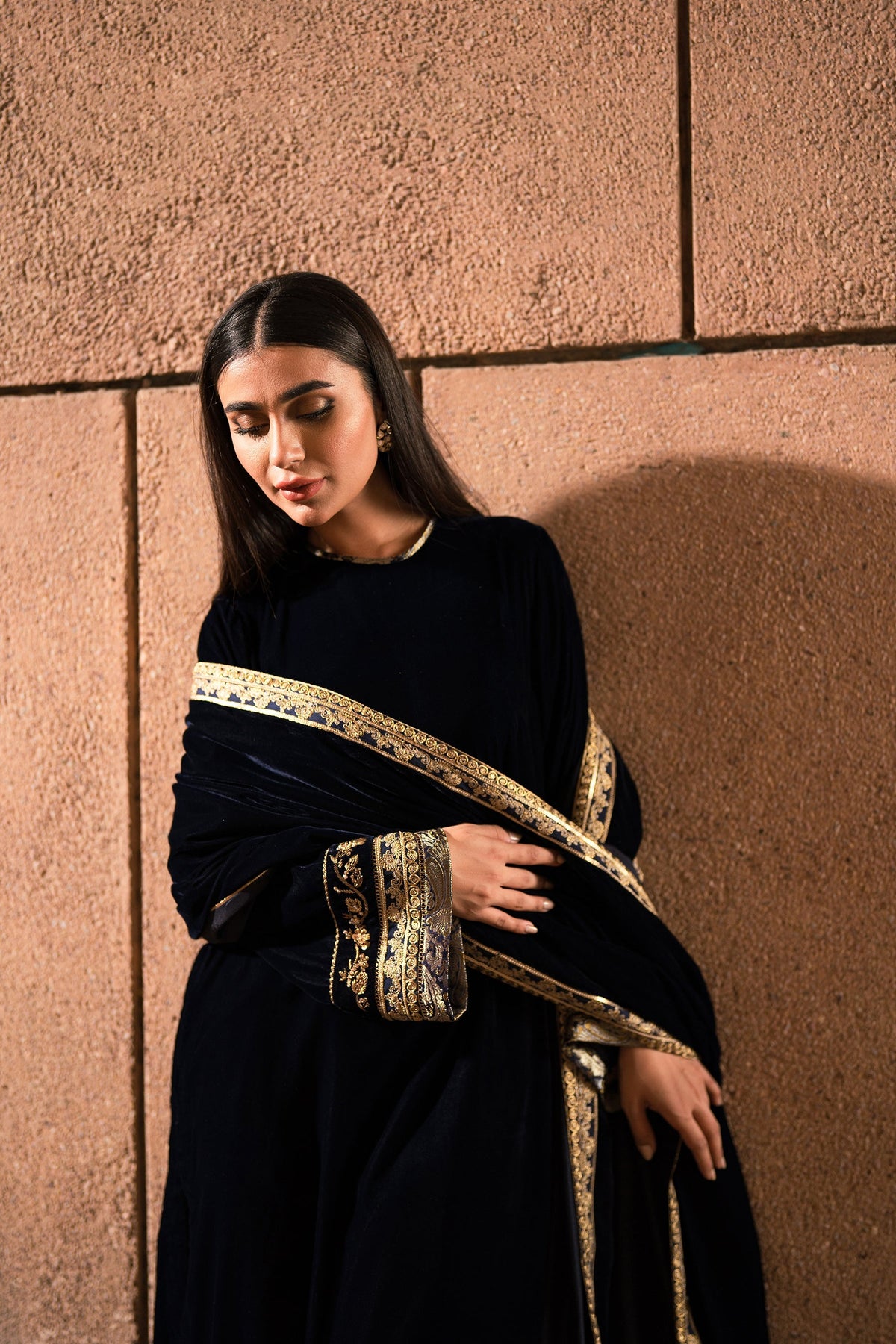 Ammara Khan | Rendezvous Velvet | Navy Magic Velvet Shawl Set (D-09) by Ammara Khan - Designer Dress - Type: Ladies Clothes - Available at Libayah - 100% Original