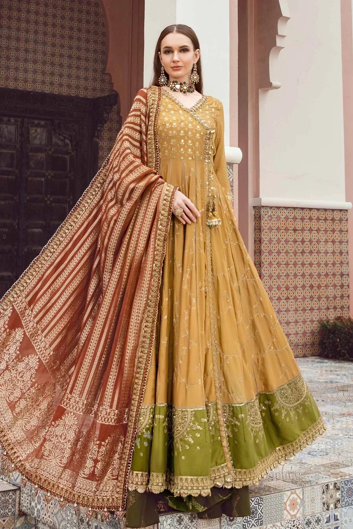 Maria B | Sateen Formals 23 | Mustard CST-702 by Maria B - Designer Dress  - Type : Ladies Clothes - Available at Libayah - 100% Original 