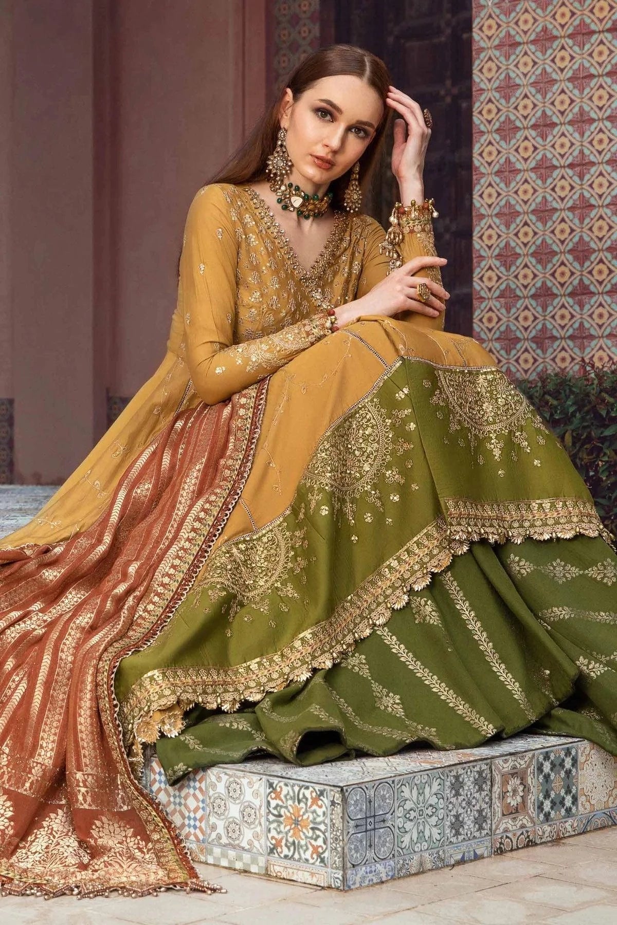 Maria B | Sateen Formals 23 | Mustard CST-702 by Maria B - Designer Dress  - Type : Ladies Clothes - Available at Libayah - 100% Original 