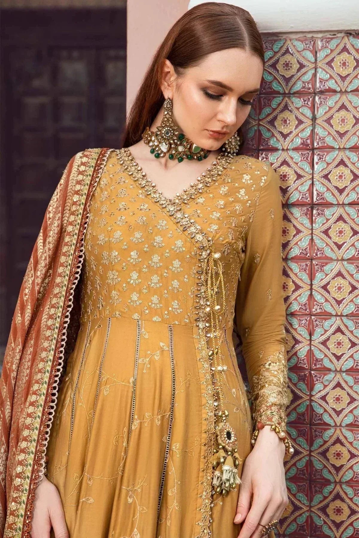 Maria B | Sateen Formals 23 | Mustard CST-702 by Maria B - Designer Dress  - Type : Ladies Clothes - Available at Libayah - 100% Original 