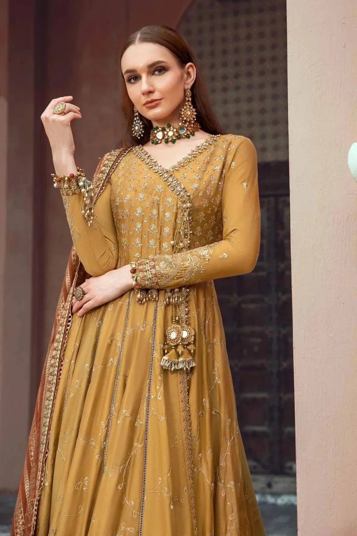 Maria B | Sateen Formals 23 | Mustard CST-702 by Maria B - Designer Dress  - Type : Ladies Clothes - Available at Libayah - 100% Original 