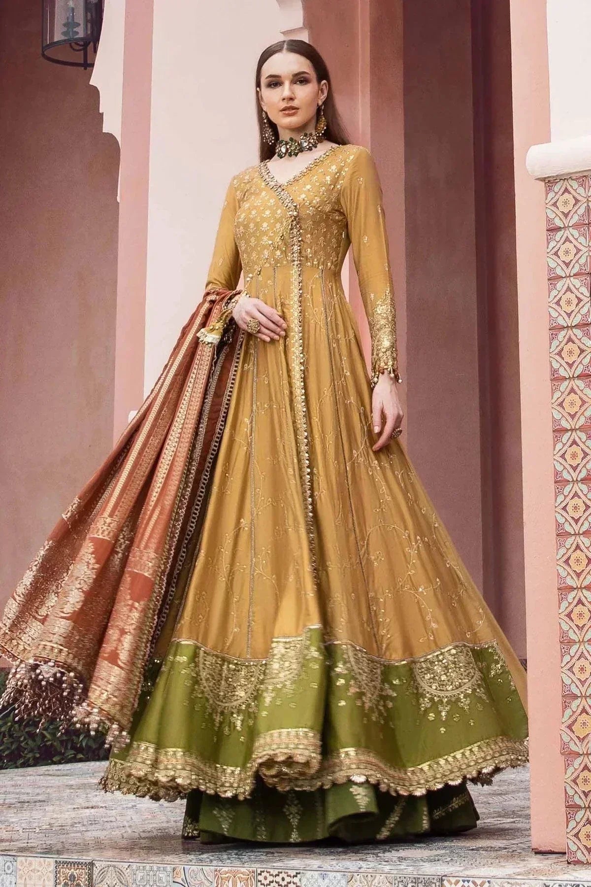 Maria B | Sateen Formals 23 | Mustard CST-702 by Maria B - Designer Dress  - Type : Ladies Clothes - Available at Libayah - 100% Original 
