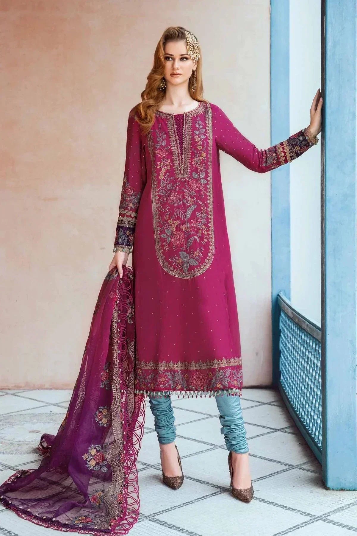 Maria B | Sateen Formals 23 | Magenta CST-704 by Maria B - Designer Dress  - Type : Ladies Clothes - Available at Libayah - 100% Original 