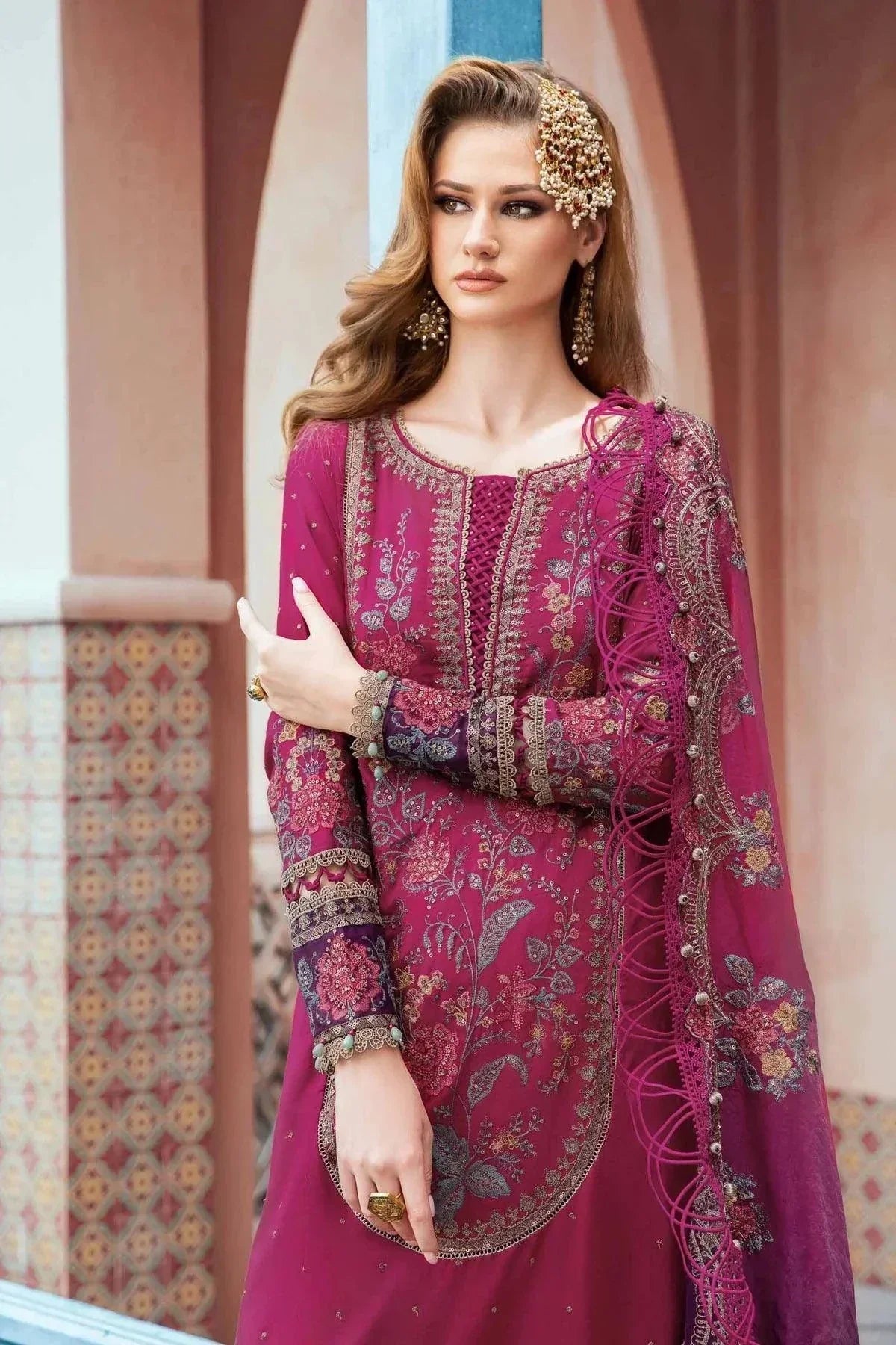 Maria B | Sateen Formals 23 | Magenta CST-704 by Maria B - Designer Dress  - Type : Ladies Clothes - Available at Libayah - 100% Original 