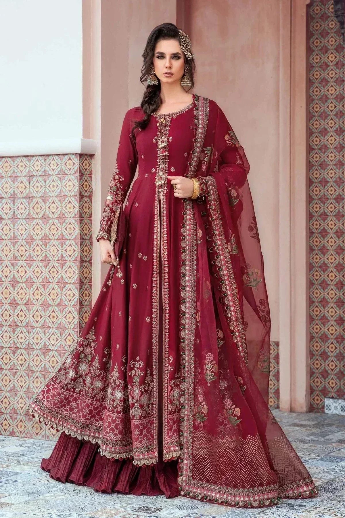 Maria B | Sateen Formals 23 | Maroon CST-708 by Maria B - Designer Dress  - Type : Ladies Clothes - Available at Libayah - 100% Original 