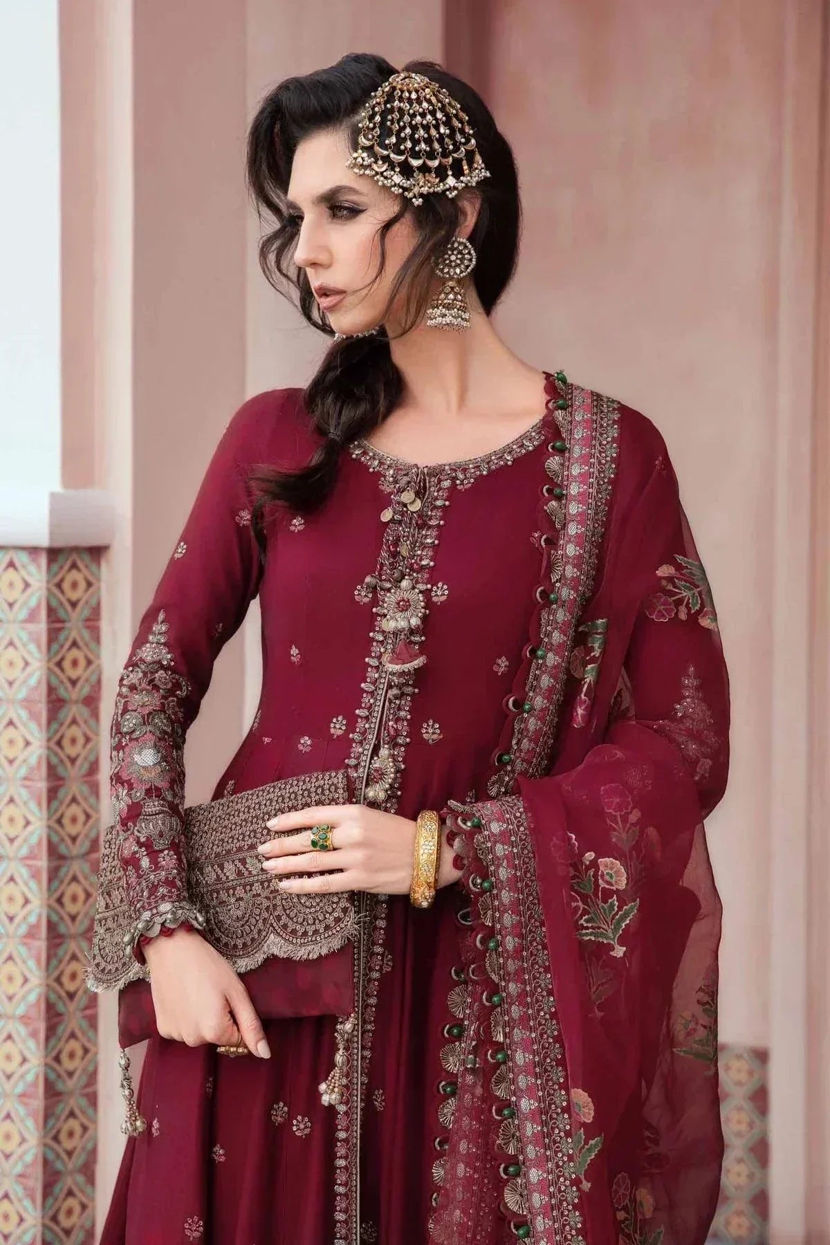 Maria B | Sateen Formals 23 | Maroon CST-708 by Maria B - Designer Dress  - Type : Ladies Clothes - Available at Libayah - 100% Original 