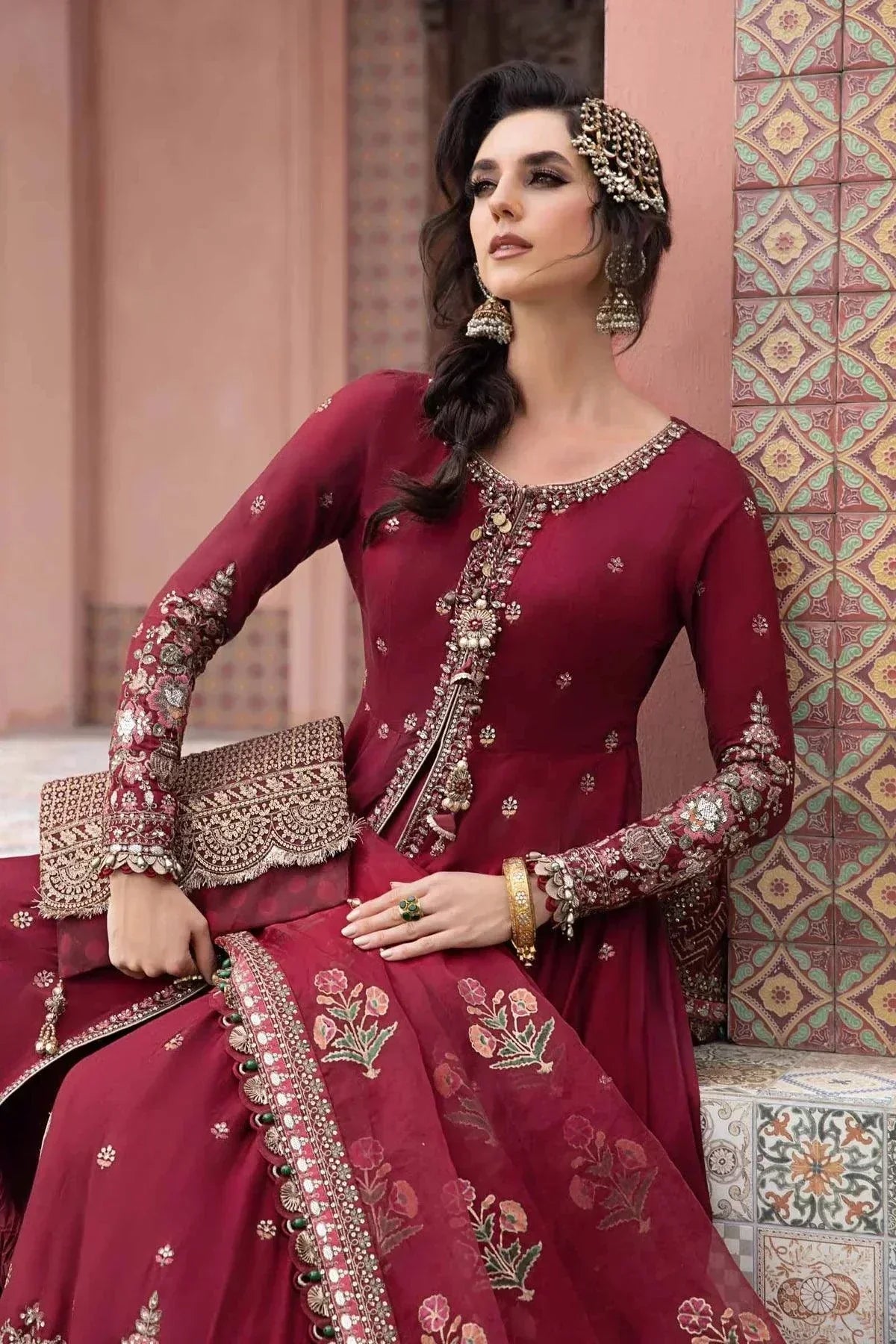 Maria B | Sateen Formals 23 | Maroon CST-708 by Maria B - Designer Dress  - Type : Ladies Clothes - Available at Libayah - 100% Original 
