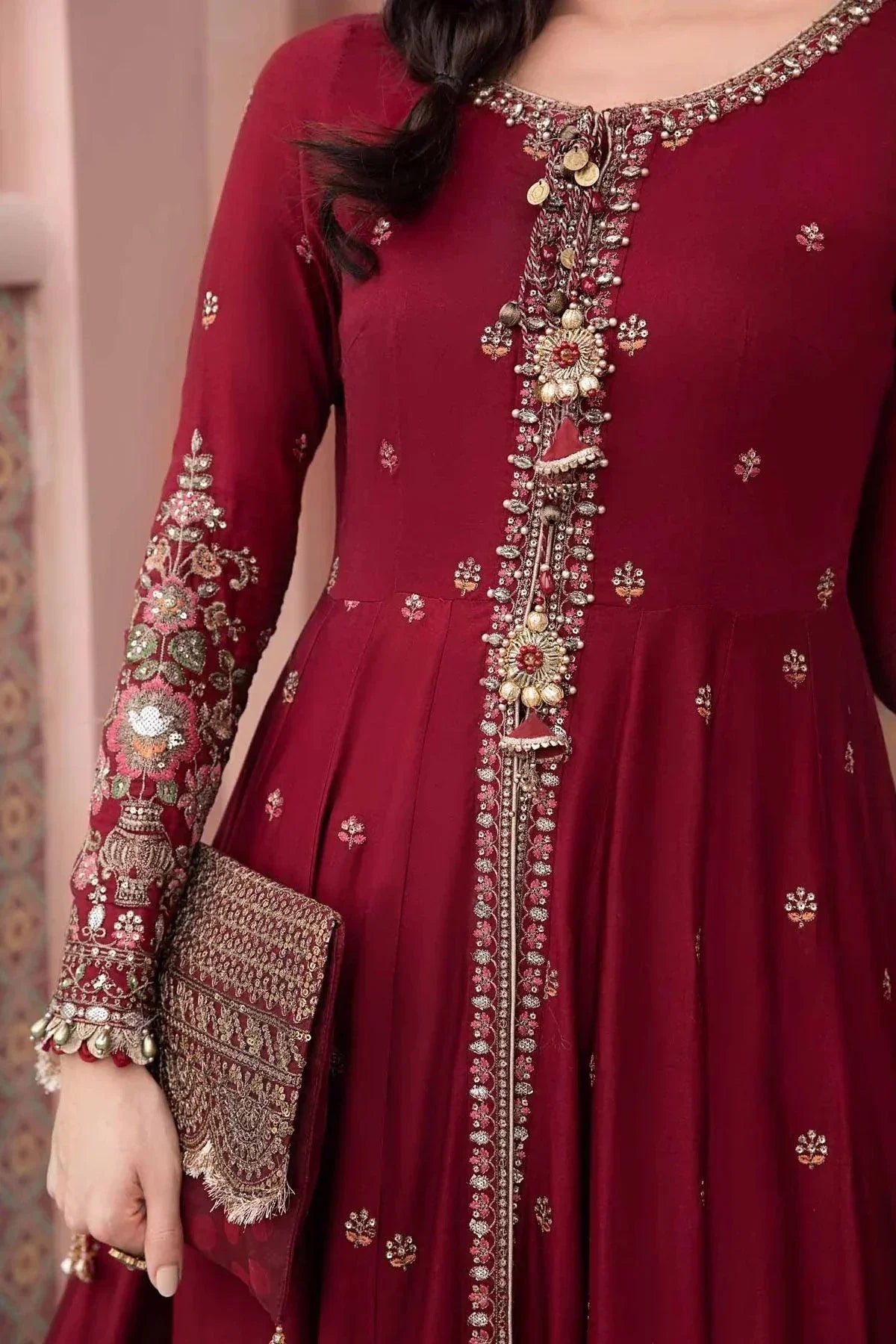 Maria B | Sateen Formals 23 | Maroon CST-708 by Maria B - Designer Dress  - Type : Ladies Clothes - Available at Libayah - 100% Original 