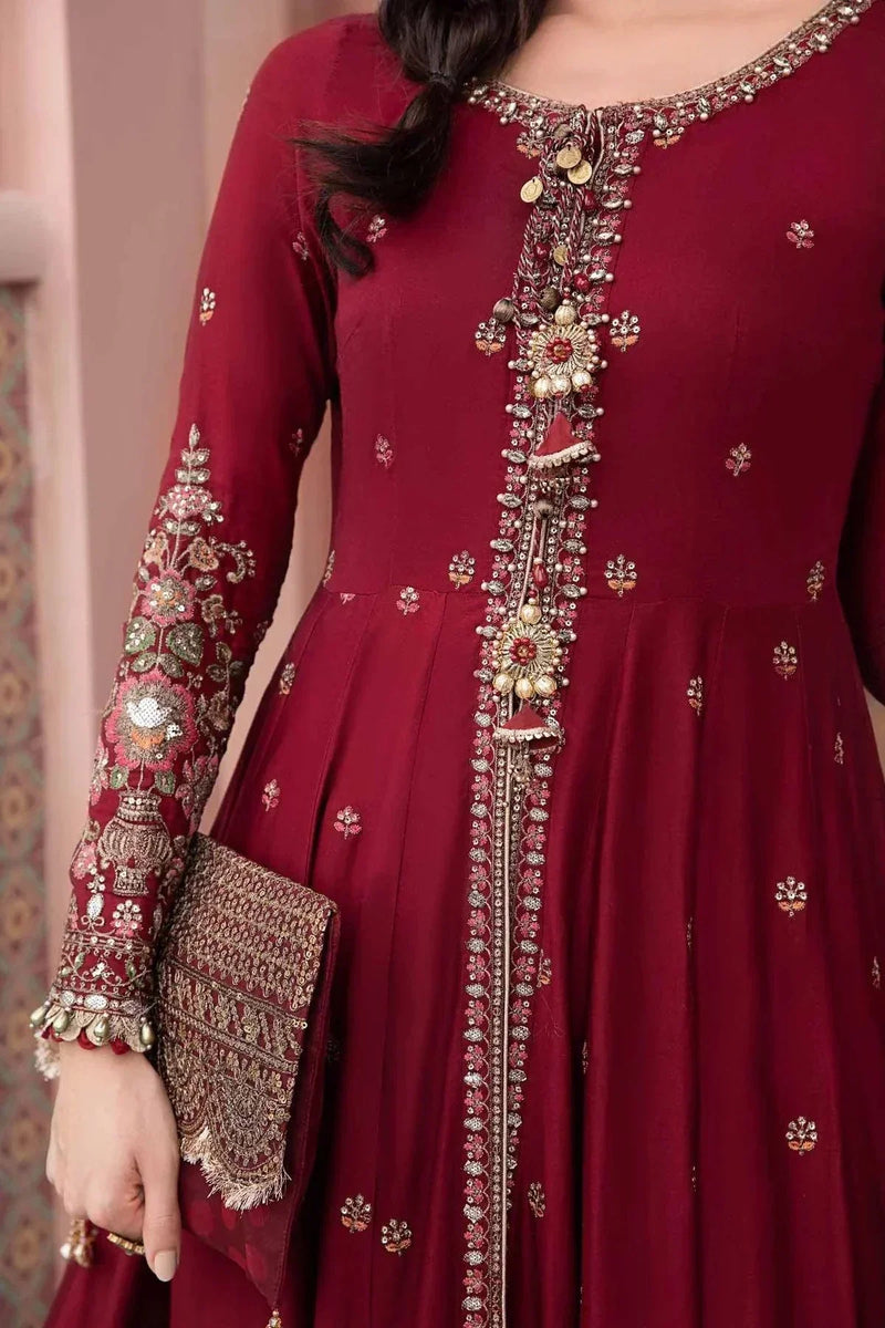 Maria B | Sateen Formals 23 | Maroon CST-708 by Maria B - Designer Dress  - Type : Ladies Clothes - Available at Libayah - 100% Original 