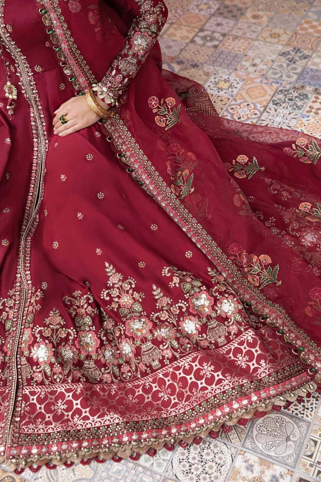 Maria B | Sateen Formals 23 | Maroon CST-708 by Maria B - Designer Dress  - Type : Ladies Clothes - Available at Libayah - 100% Original 