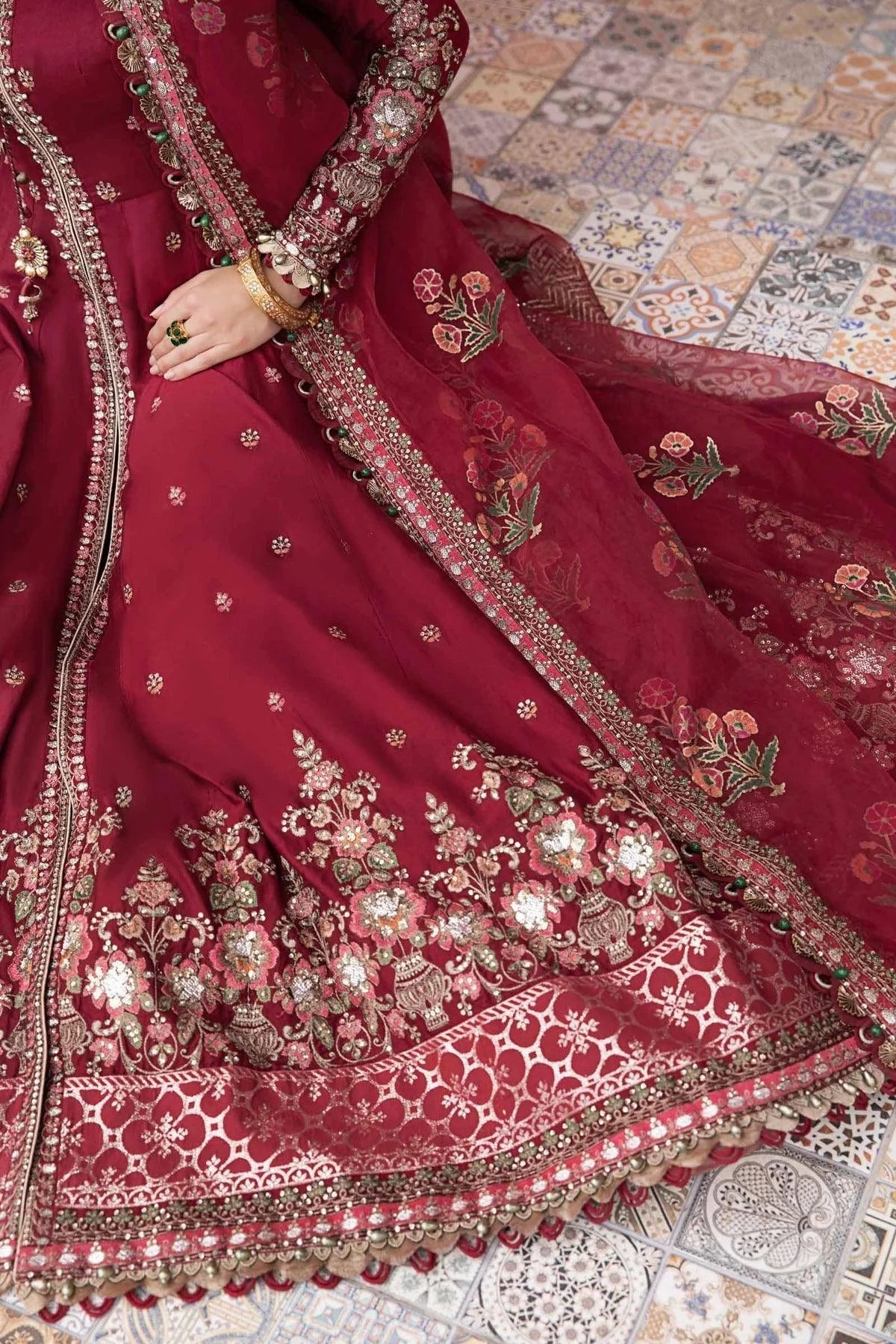 Maria B | Sateen Formals 23 | Maroon CST-708 by Maria B - Designer Dress  - Type : Ladies Clothes - Available at Libayah - 100% Original 