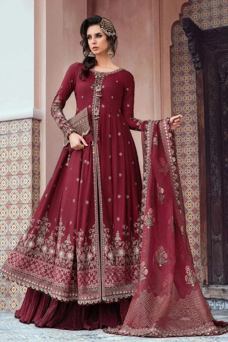 Maria B | Sateen Formals 23 | Maroon CST-708 by Maria B - Designer Dress  - Type : Ladies Clothes - Available at Libayah - 100% Original 