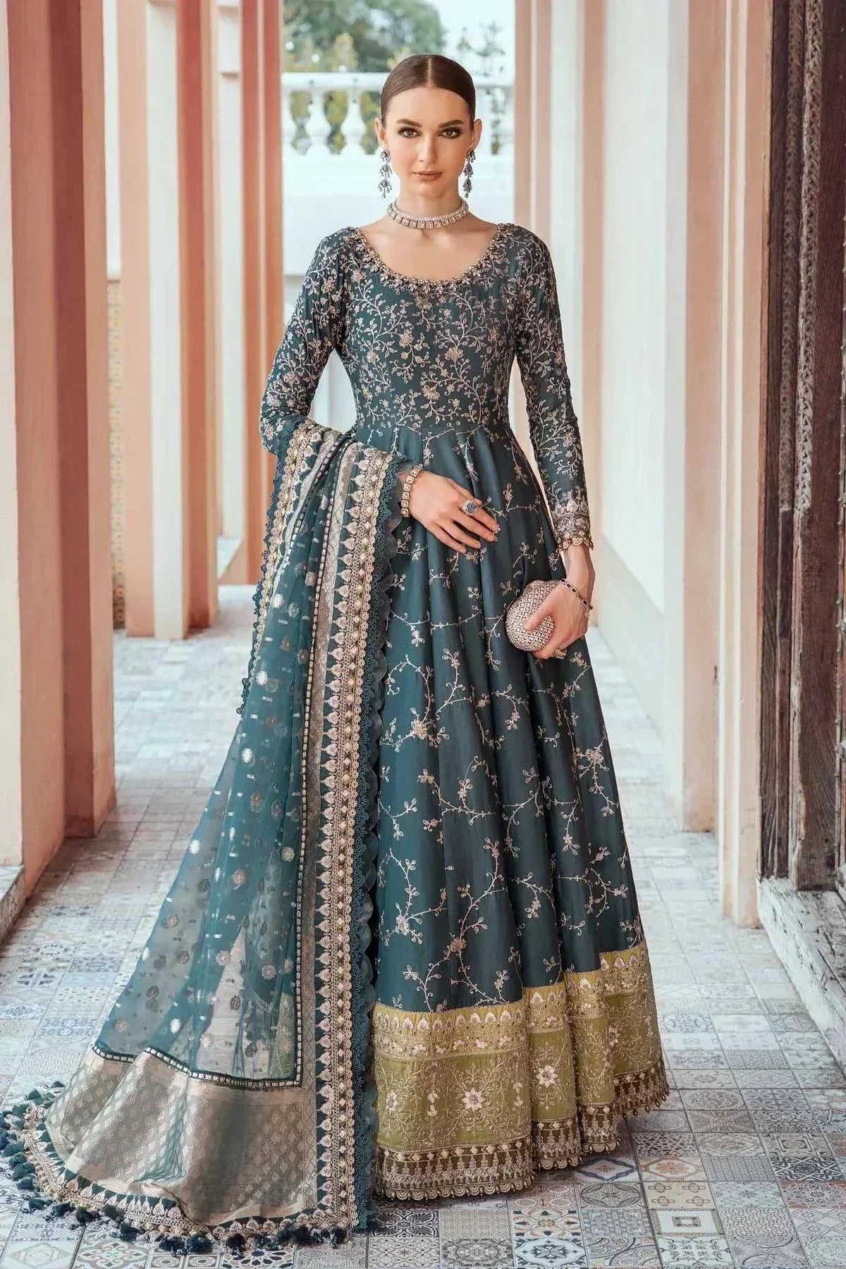 Maria B | Sateen Formals 23 | Teal CST-710 by Maria B - Designer Dress  - Type : Ladies Clothes - Available at Libayah - 100% Original 