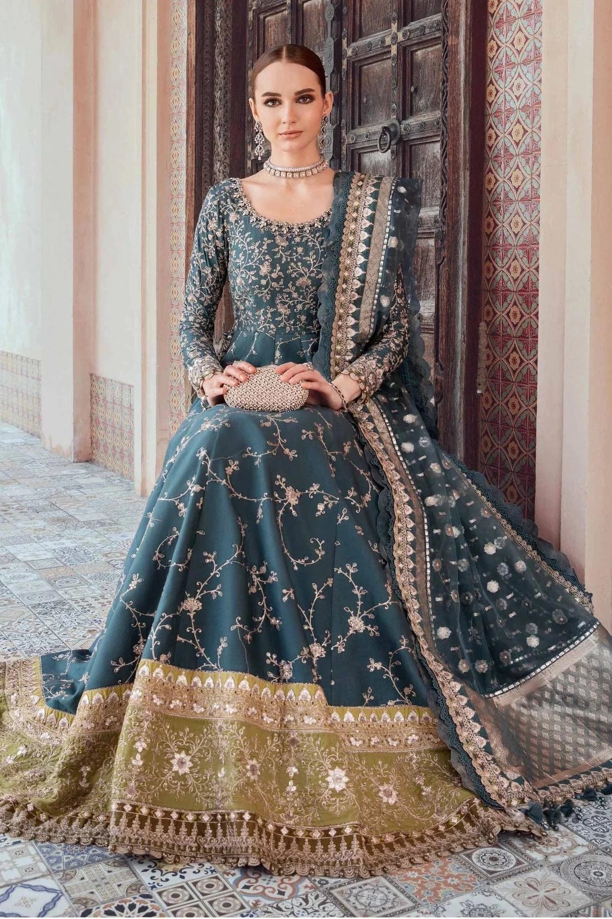 Maria B | Sateen Formals 23 | Teal CST-710 by Maria B - Designer Dress  - Type : Ladies Clothes - Available at Libayah - 100% Original 