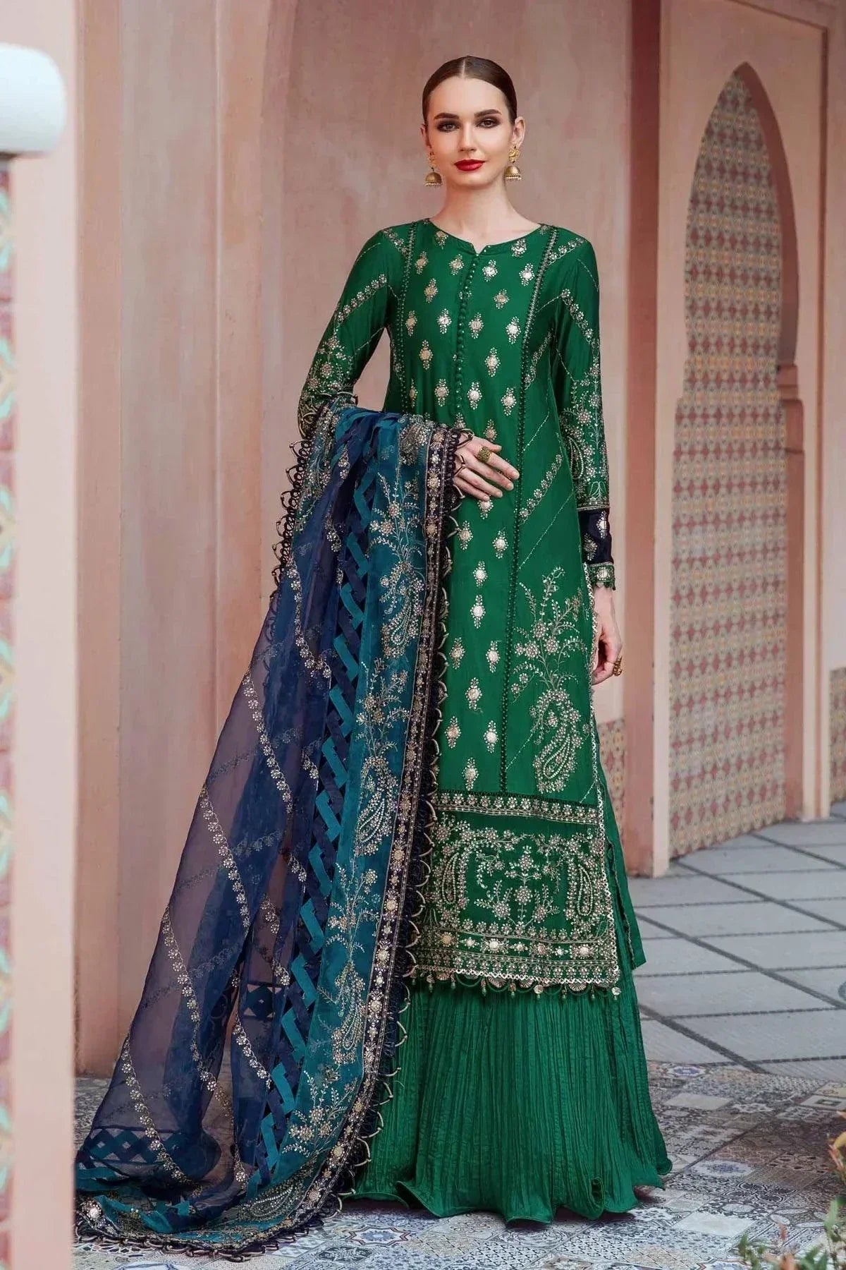 Maria B | Sateen Formals 23 | Emerald Green CST-711 by Maria B - Designer Dress  - Type : Ladies Clothes - Available at Libayah - 100% Original 