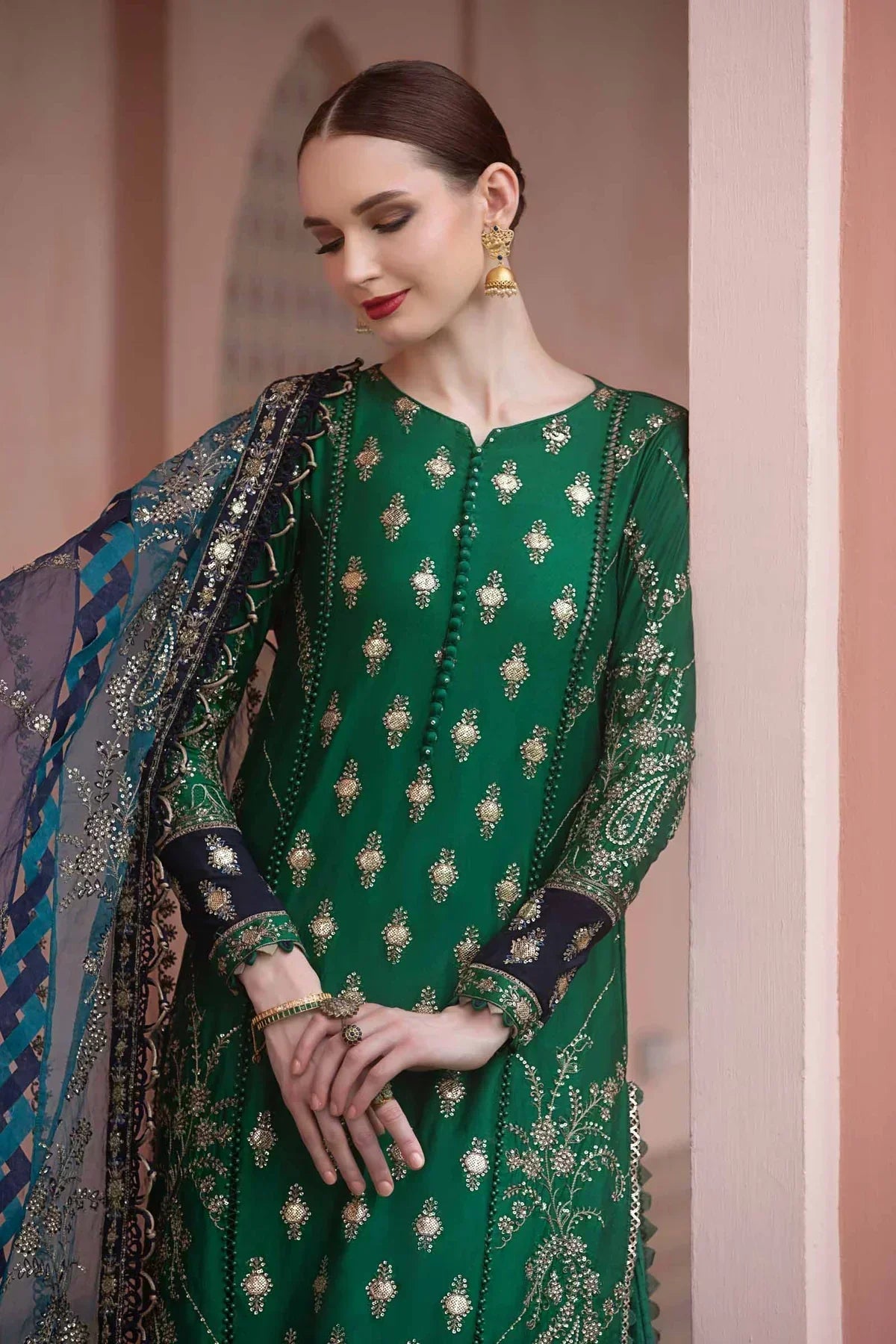 Maria B | Sateen Formals 23 | Emerald Green CST-711 by Maria B - Designer Dress  - Type : Ladies Clothes - Available at Libayah - 100% Original 
