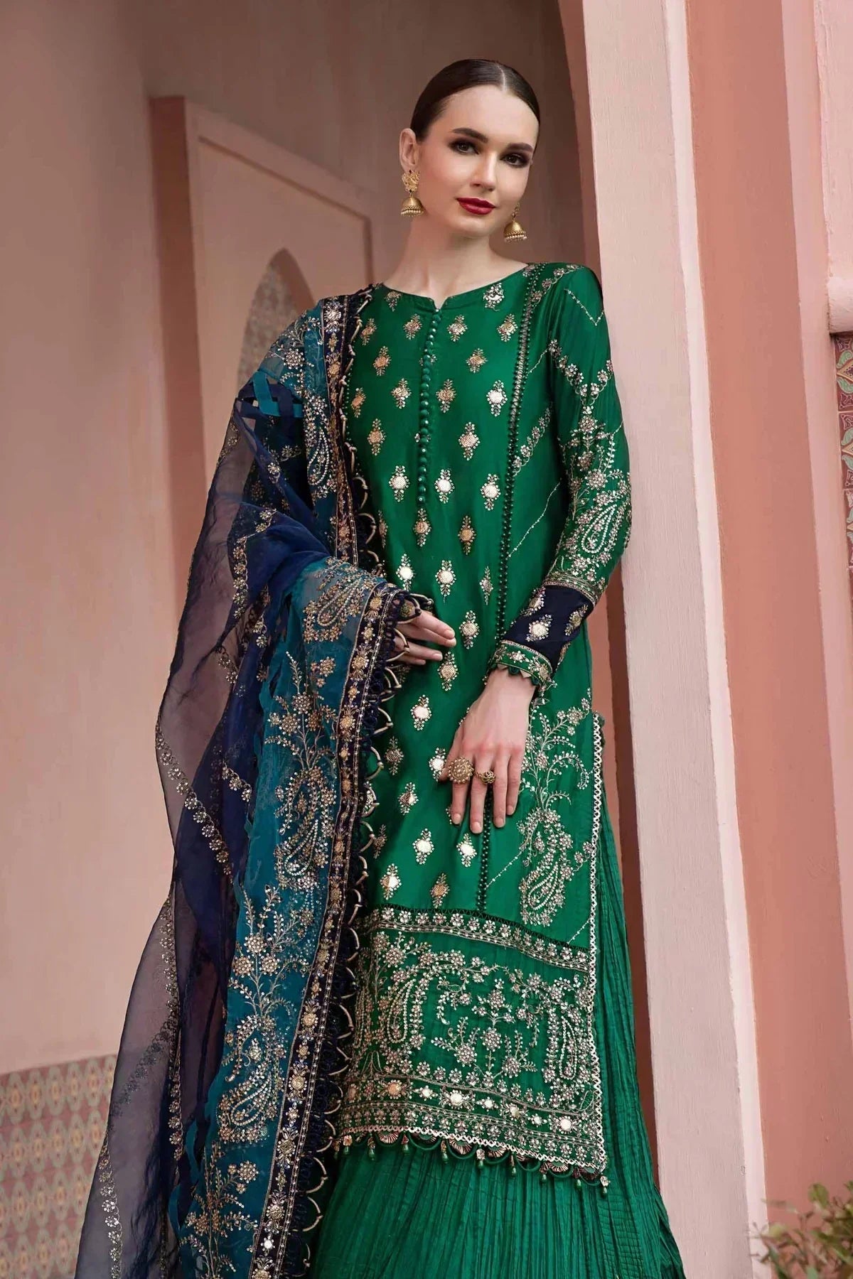Maria B | Sateen Formals 23 | Emerald Green CST-711 by Maria B - Designer Dress  - Type : Ladies Clothes - Available at Libayah - 100% Original 