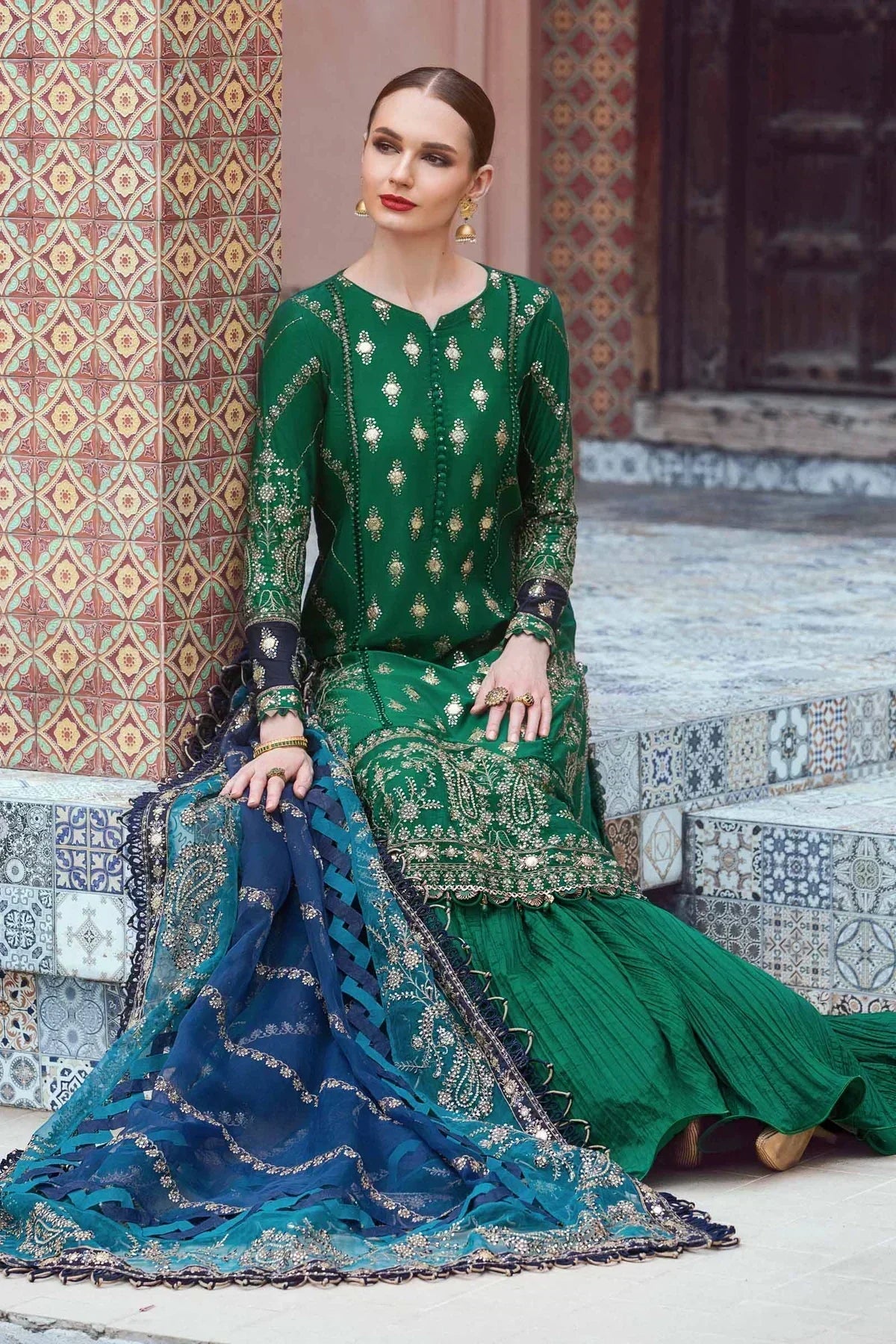 Maria B | Sateen Formals 23 | Emerald Green CST-711 by Maria B - Designer Dress  - Type : Ladies Clothes - Available at Libayah - 100% Original 