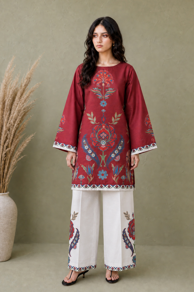 Saad Shaikh | Ease Fall Edit 26 | D-11 Co-ord Set Maroon and White by Saad Shaikh - Designer Dress  - Type : Ladies Clothes - Available at Libayah - 100% Original 
