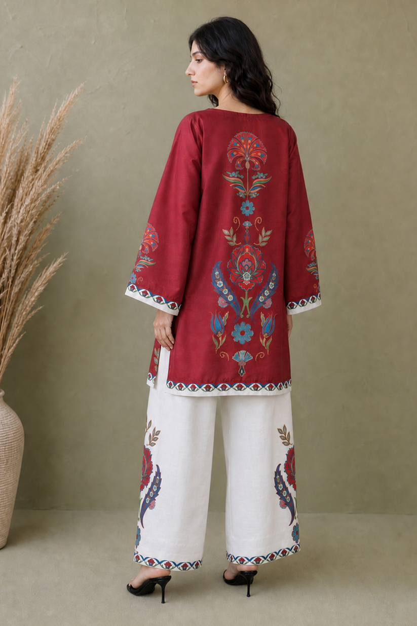 Saad Shaikh | Ease Fall Edit 26 | D-11 Co-ord Set Maroon and White by Saad Shaikh - Designer Dress  - Type : Ladies Clothes - Available at Libayah - 100% Original 