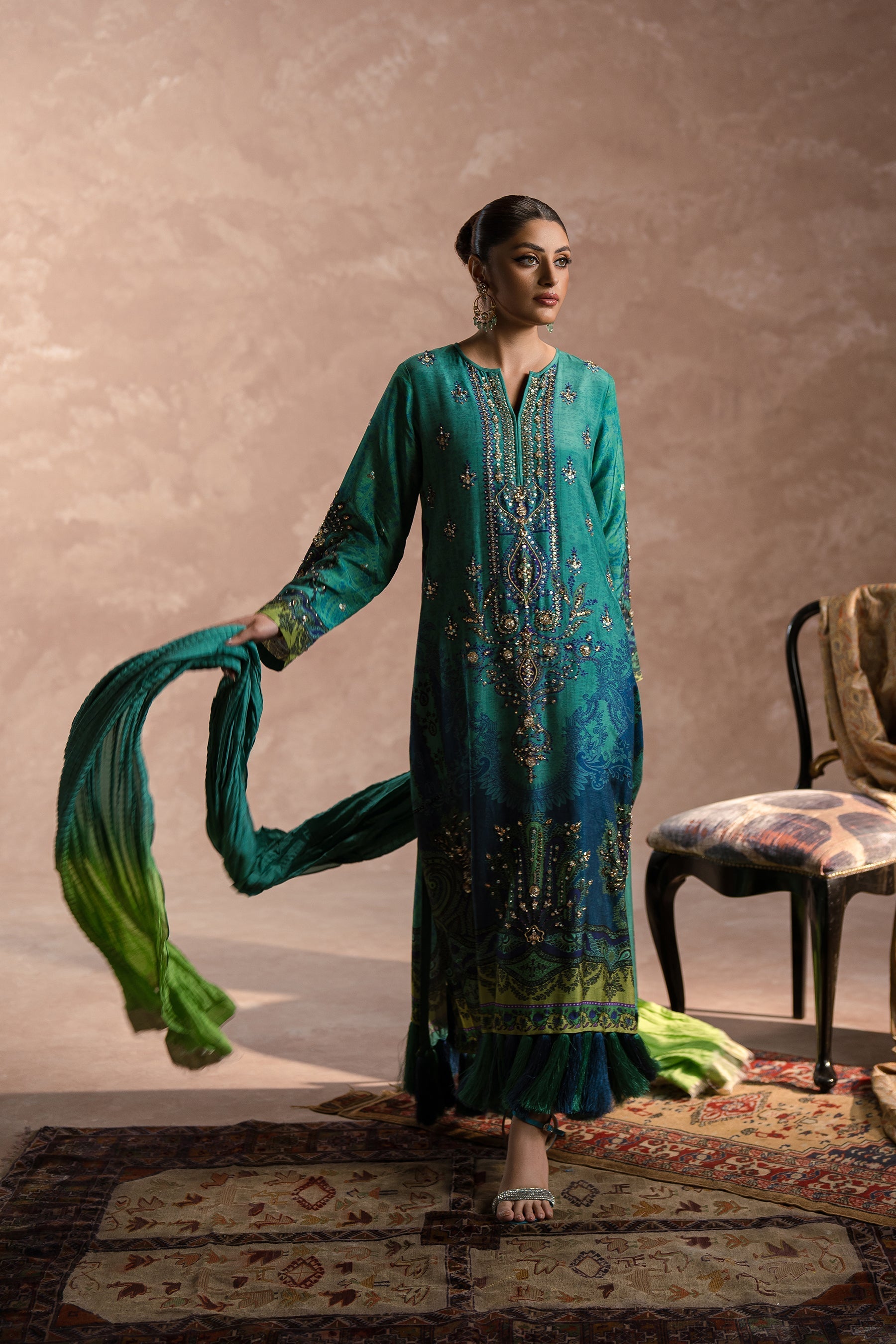 Ammara Khan | Symphony 24 | PEACOCK GARDEN KAFTAN SET (D-01) by Ammara Khan - Designer Dress - Type: Ladies Clothes - Available at Libayah - 100% Original