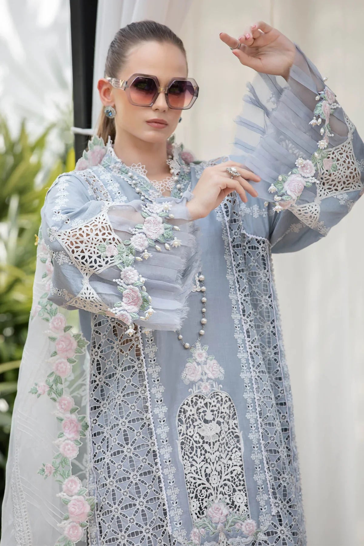 Maria B | Luxury Lawn | EL-23-10-Ice Blue by Maria B - Designer Dress - Type: Ladies Clothes - Available at Libayah - 100% Original
