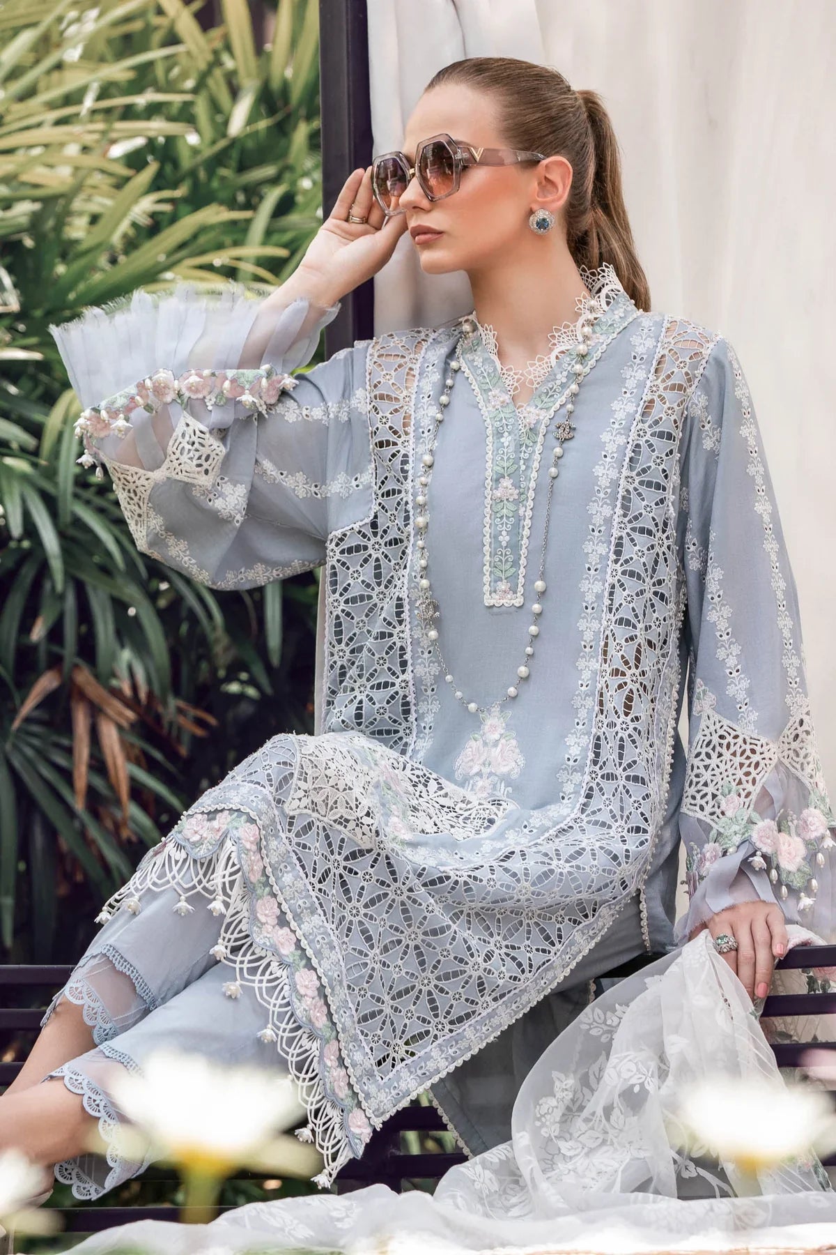 Maria B | Luxury Lawn | EL-23-10-Ice Blue by Maria B - Designer Dress - Type: Ladies Clothes - Available at Libayah - 100% Original