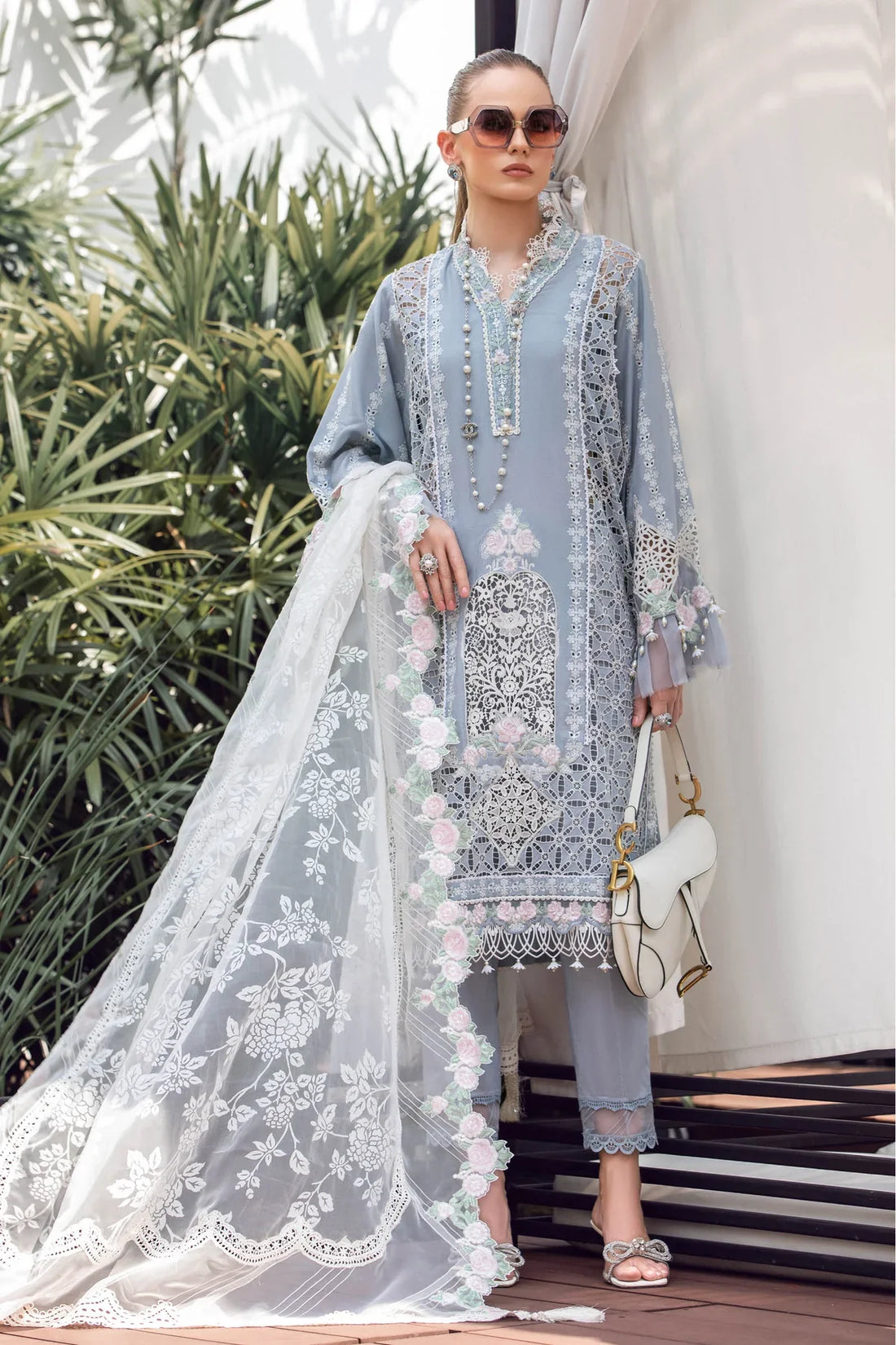 Maria B | Luxury Lawn | EL-23-10-Ice Blue by Maria B - Designer Dress - Type: Ladies Clothes - Available at Libayah - 100% Original