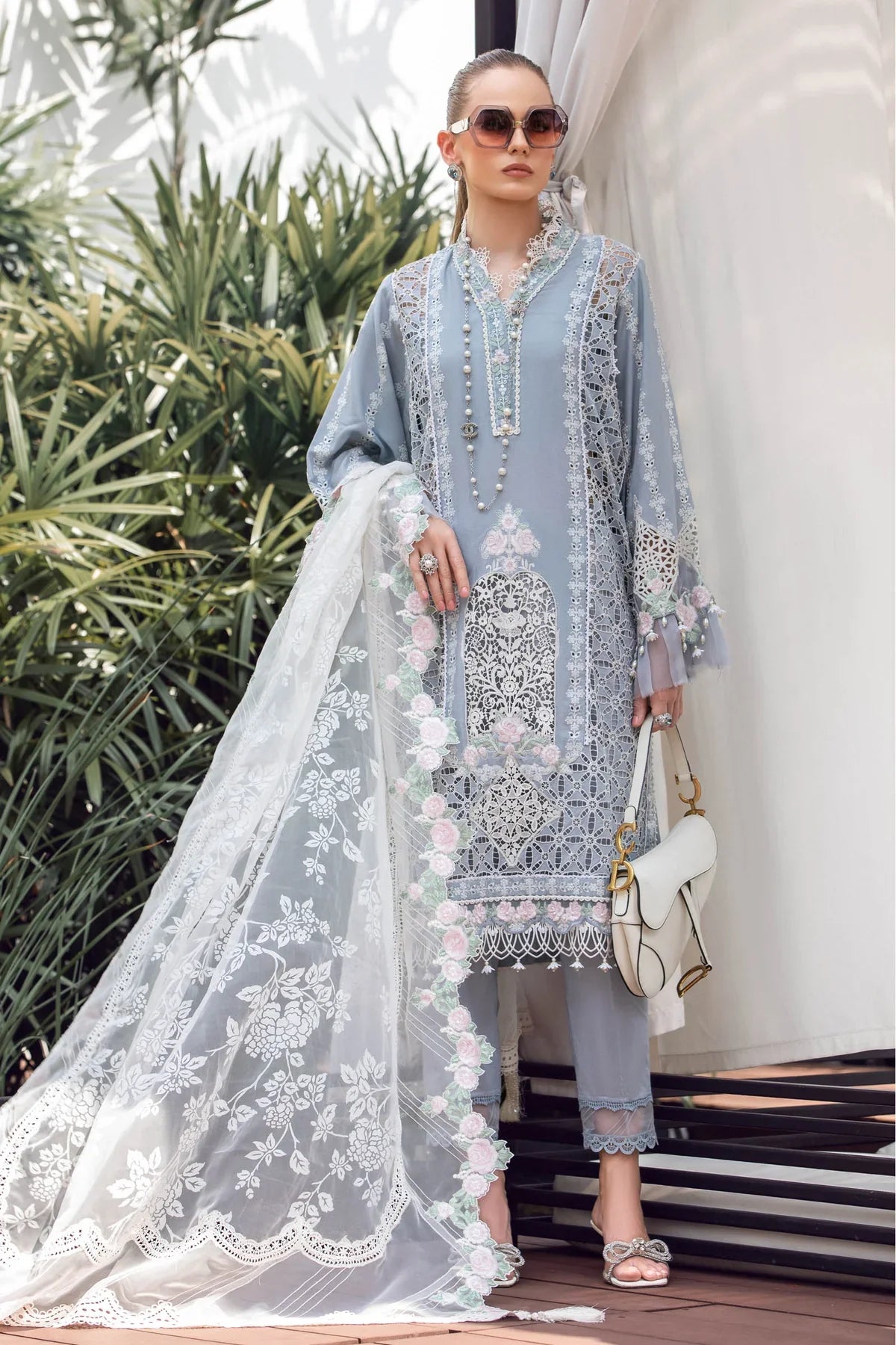Maria B | Luxury Lawn | EL-23-10-Ice Blue by Maria B - Designer Dress - Type: Ladies Clothes - Available at Libayah - 100% Original