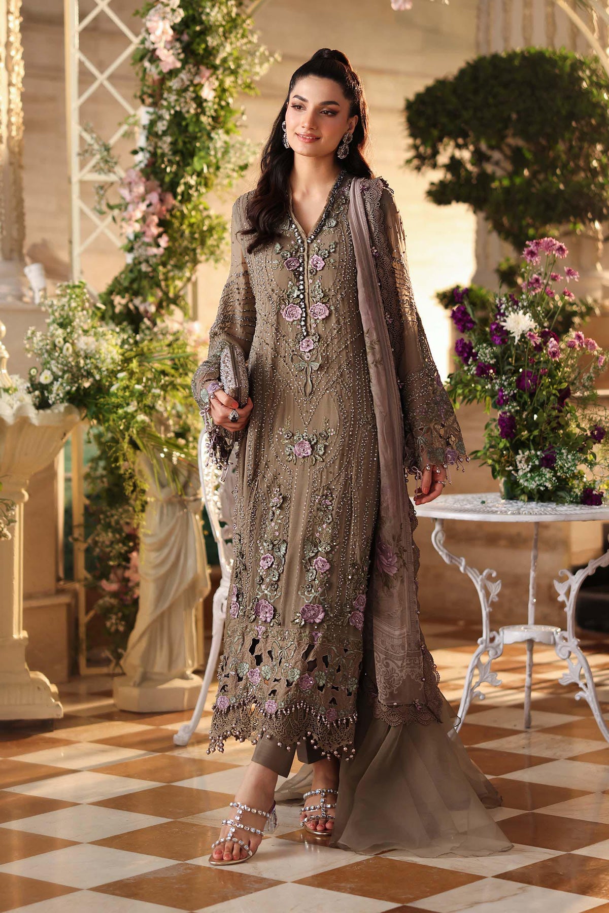 Maria b | Chiffon Formals 26 | MPC-26-102-Muted Mocha Brown by Maria B - Designer Dress  - Type : Ladies Clothes - Available at Libayah - 100% Original 