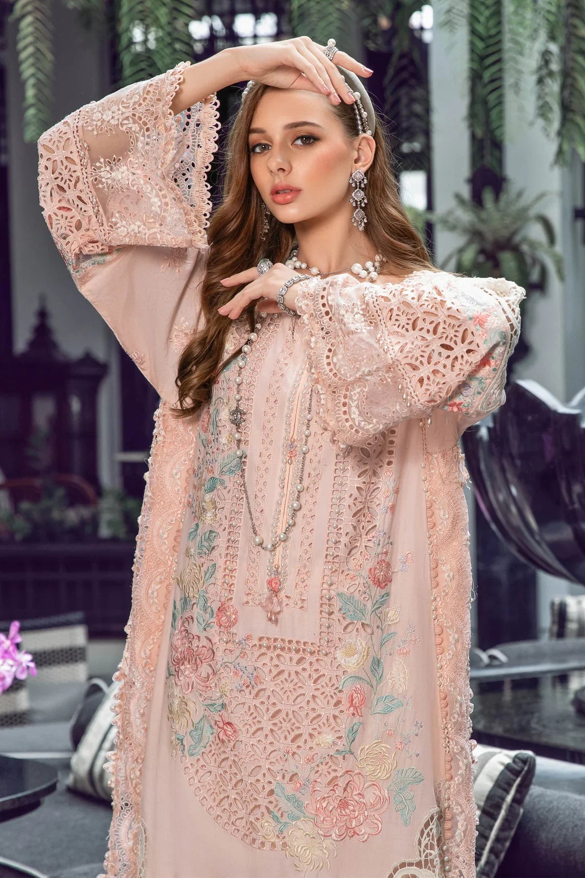 Maria B | Luxury Lawn | EL-23-07-Peach by Maria B - Designer Dress - Type: Ladies Clothes - Available at Libayah - 100% Original