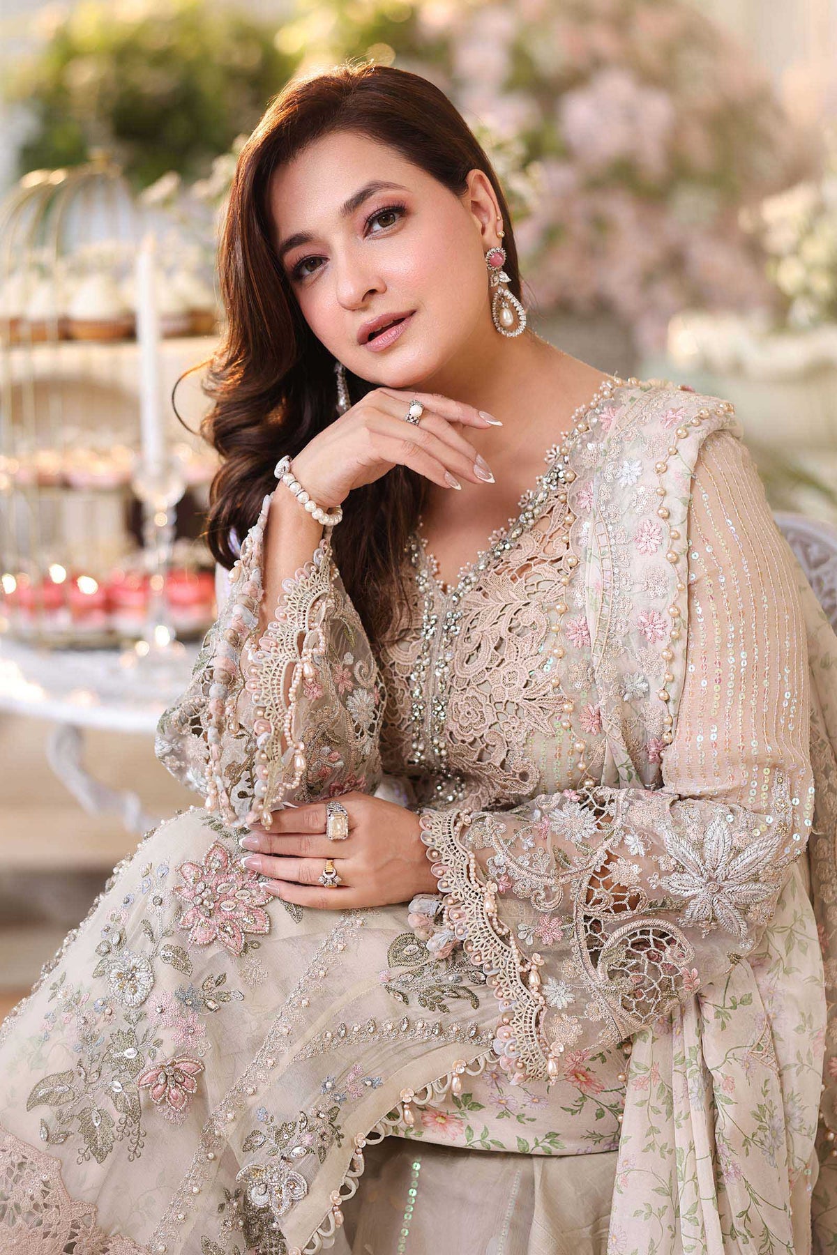 Maria b | Chiffon Formals 26 | MPC-26-107-Ivory Beige by Maria B - Designer Dress  - Type : Ladies Clothes - Available at Libayah - 100% Original 
