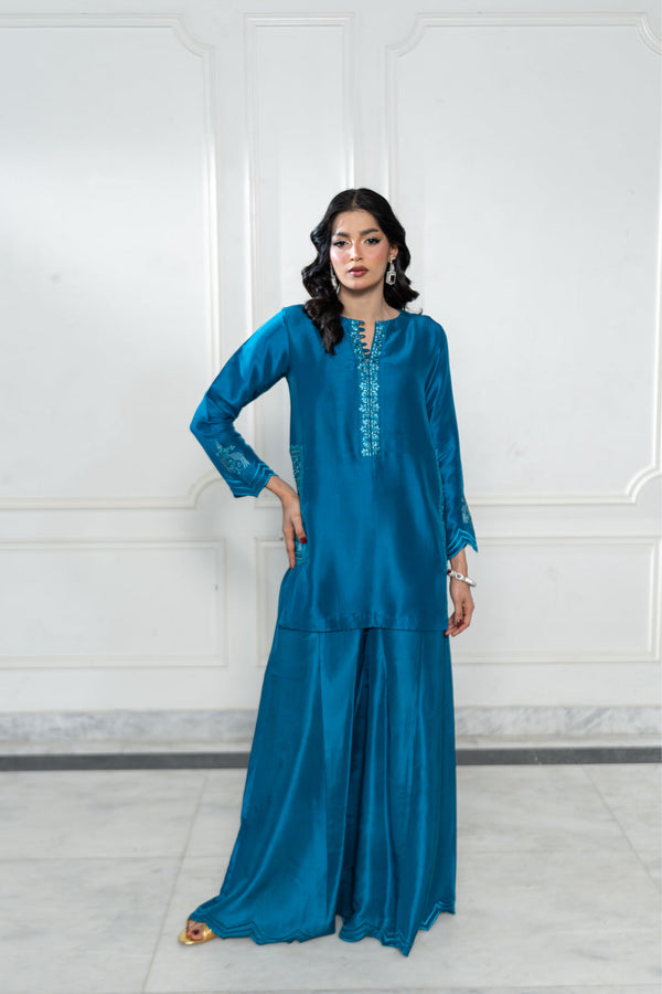 Wahaj M Khan | Lra Eid Collection 26 | Teal Red Rawsilk Set by Wahaj M Khan - Designer Dress  - Type : Ladies Clothes - Available at Libayah - 100% Original 