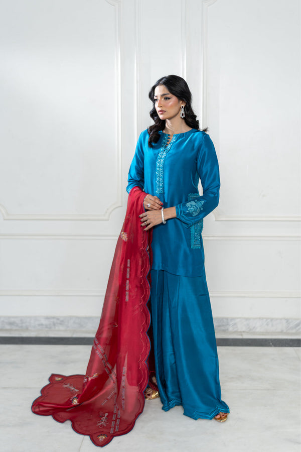 Wahaj M Khan | Lra Eid Collection 26 | Teal Red Rawsilk Set by Wahaj M Khan - Designer Dress  - Type : Ladies Clothes - Available at Libayah - 100% Original 
