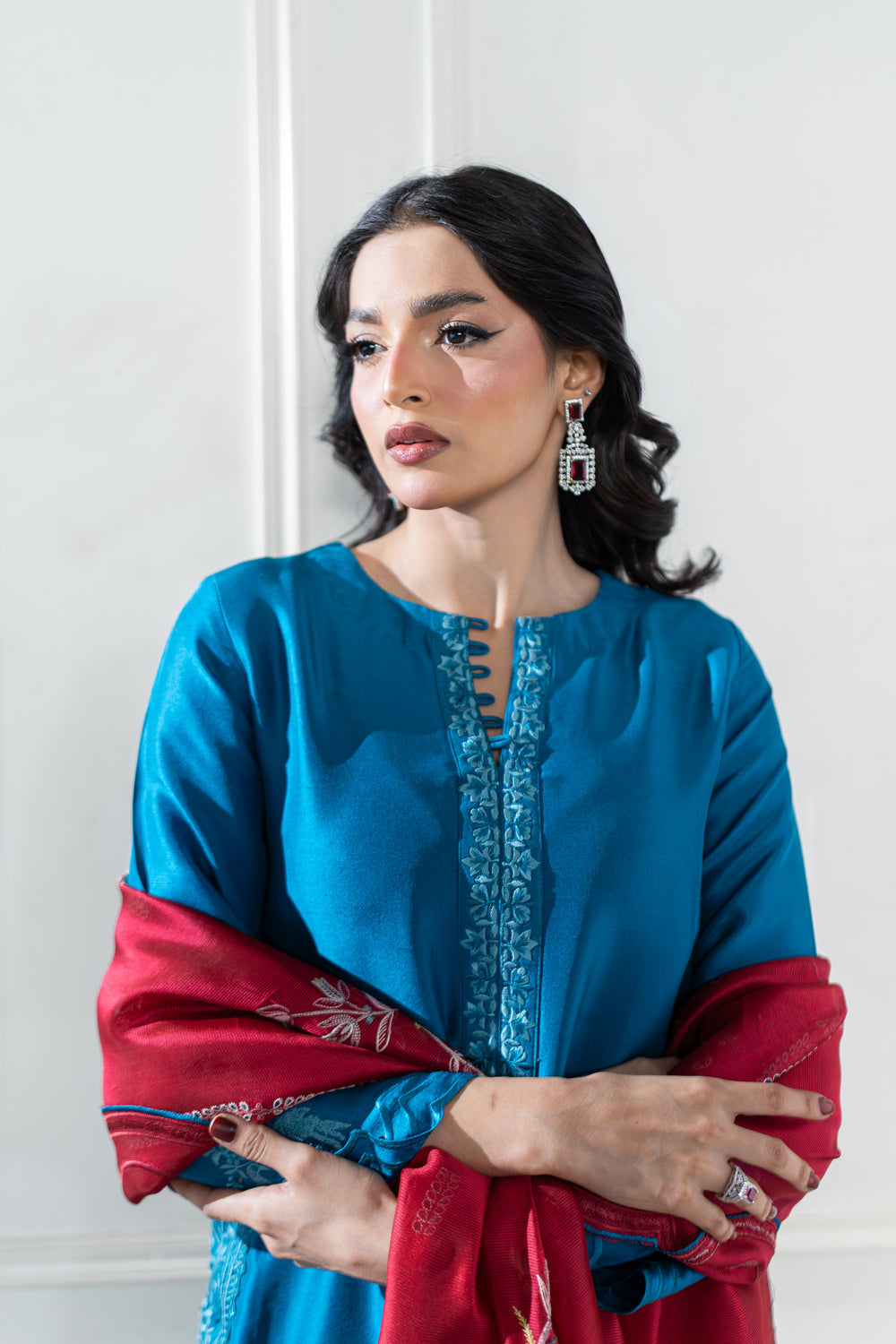 Wahaj M Khan | Lra Eid Collection 26 | Teal Red Rawsilk Set by Wahaj M Khan - Designer Dress  - Type : Ladies Clothes - Available at Libayah - 100% Original 