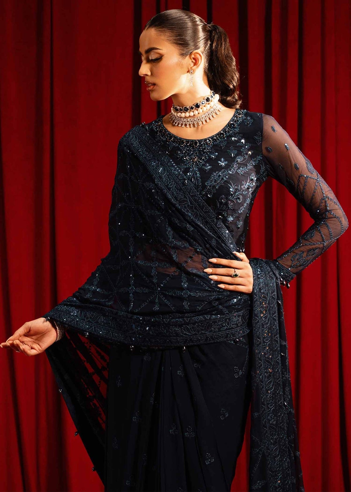 Paras by Pasha | Noor -e- Jahan Saree Collection | Neel-e-Noor by Paras by Pasha - Designer Dress - Type: Ladies Clothes - Available at Libayah - 100% Original