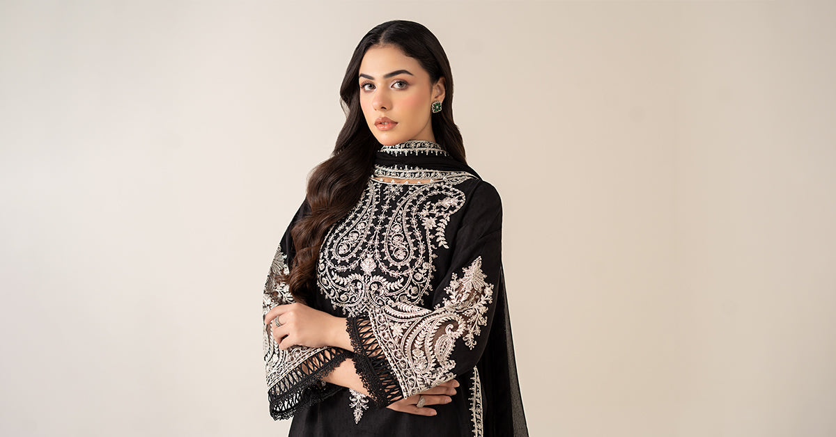 Maria B | Luxury Winter Pret 25 | DW-MN25-12-Black by Maria B - Designer Dress  - Type : Ladies Clothes - Available at Libayah - 100% Original 