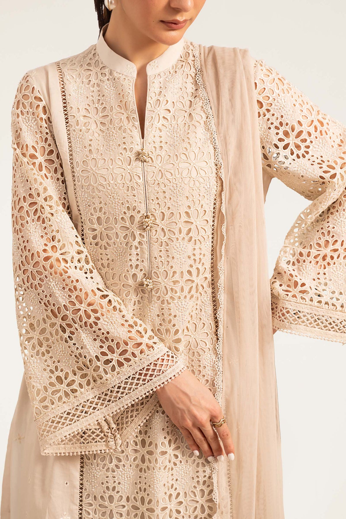 Maria B | Luxury Pret Pre Fall | DW-PF26-18-BEIGE by Maria B - Designer Dress  - Type : Ladies Clothes - Available at Libayah - 100% Original 