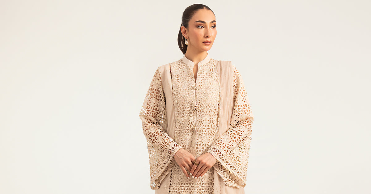 Maria B | Luxury Pret Pre Fall | DW-PF26-18-BEIGE by Maria B - Designer Dress  - Type : Ladies Clothes - Available at Libayah - 100% Original 