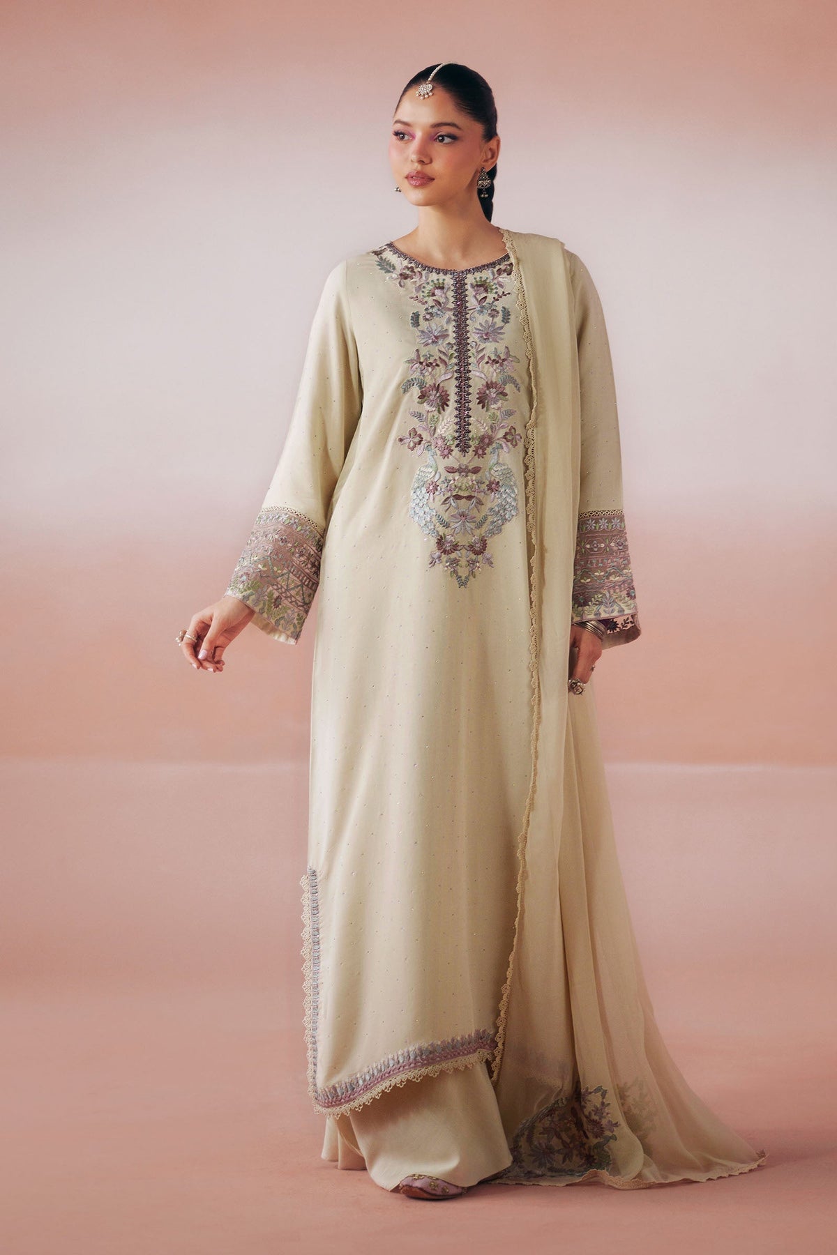 Maria B | Luxury Pret Pre Fall | DW-PF26-19-BEIGE by Maria B - Designer Dress  - Type : Ladies Clothes - Available at Libayah - 100% Original 