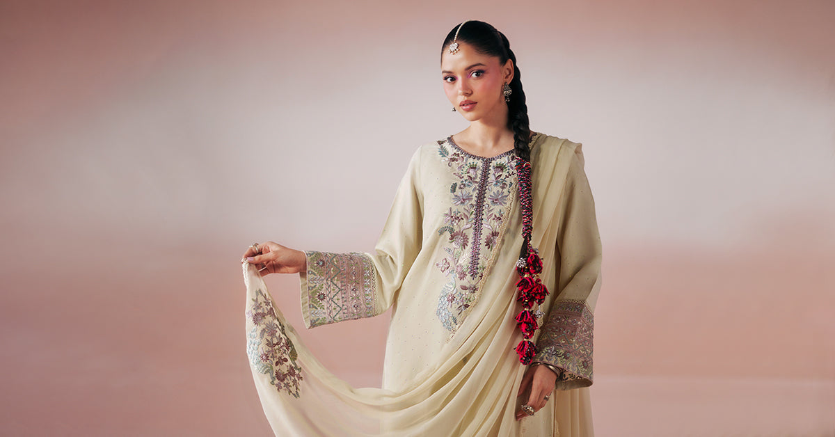 Maria B | Luxury Pret Pre Fall | DW-PF26-19-BEIGE by Maria B - Designer Dress  - Type : Ladies Clothes - Available at Libayah - 100% Original 