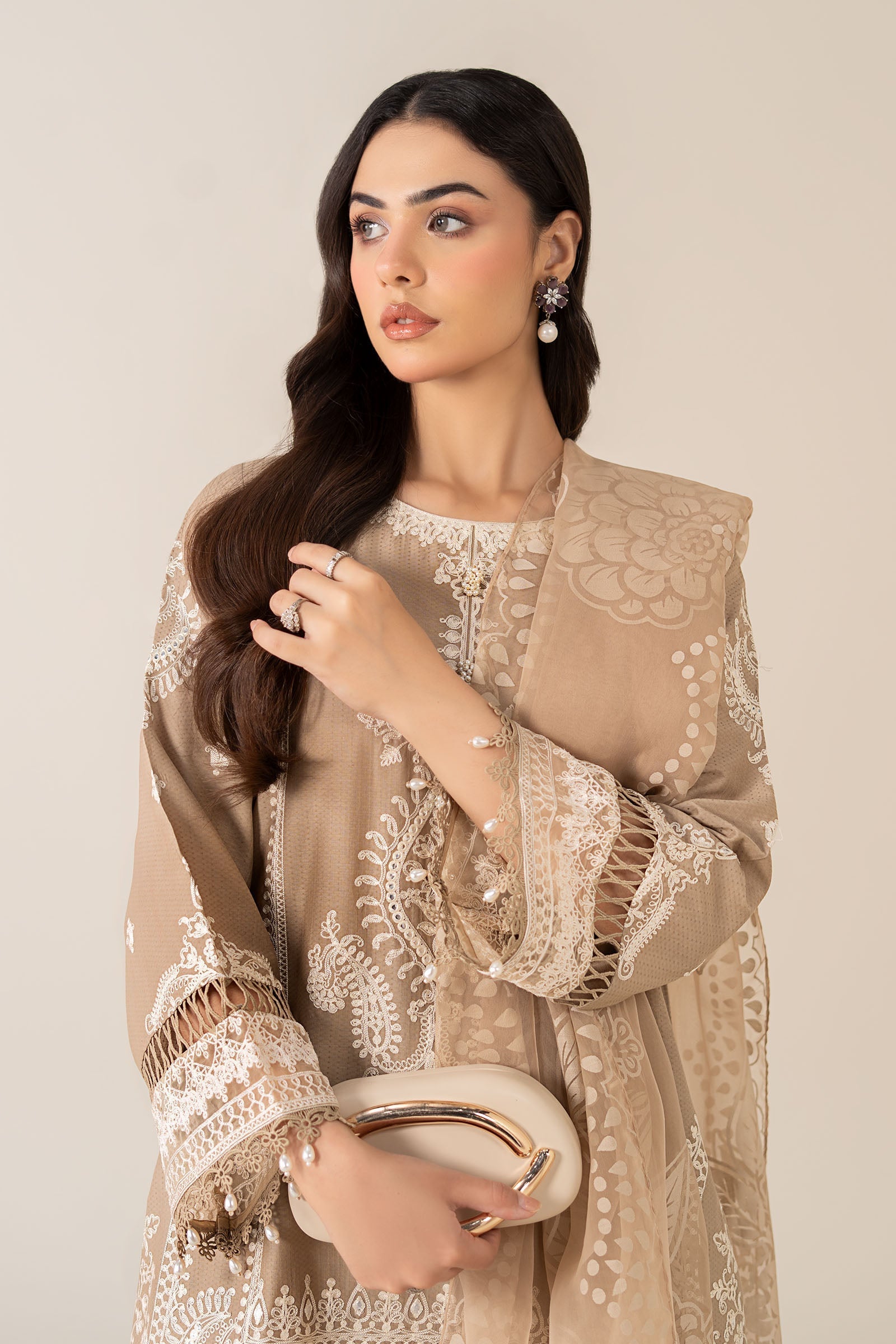 Maria B | Pre Fall Dresses | 3 Piece Embroidered Suit Coffee by Maria B - Designer Dress  - Type : Ladies Clothes - Available at Libayah - 100% Original 