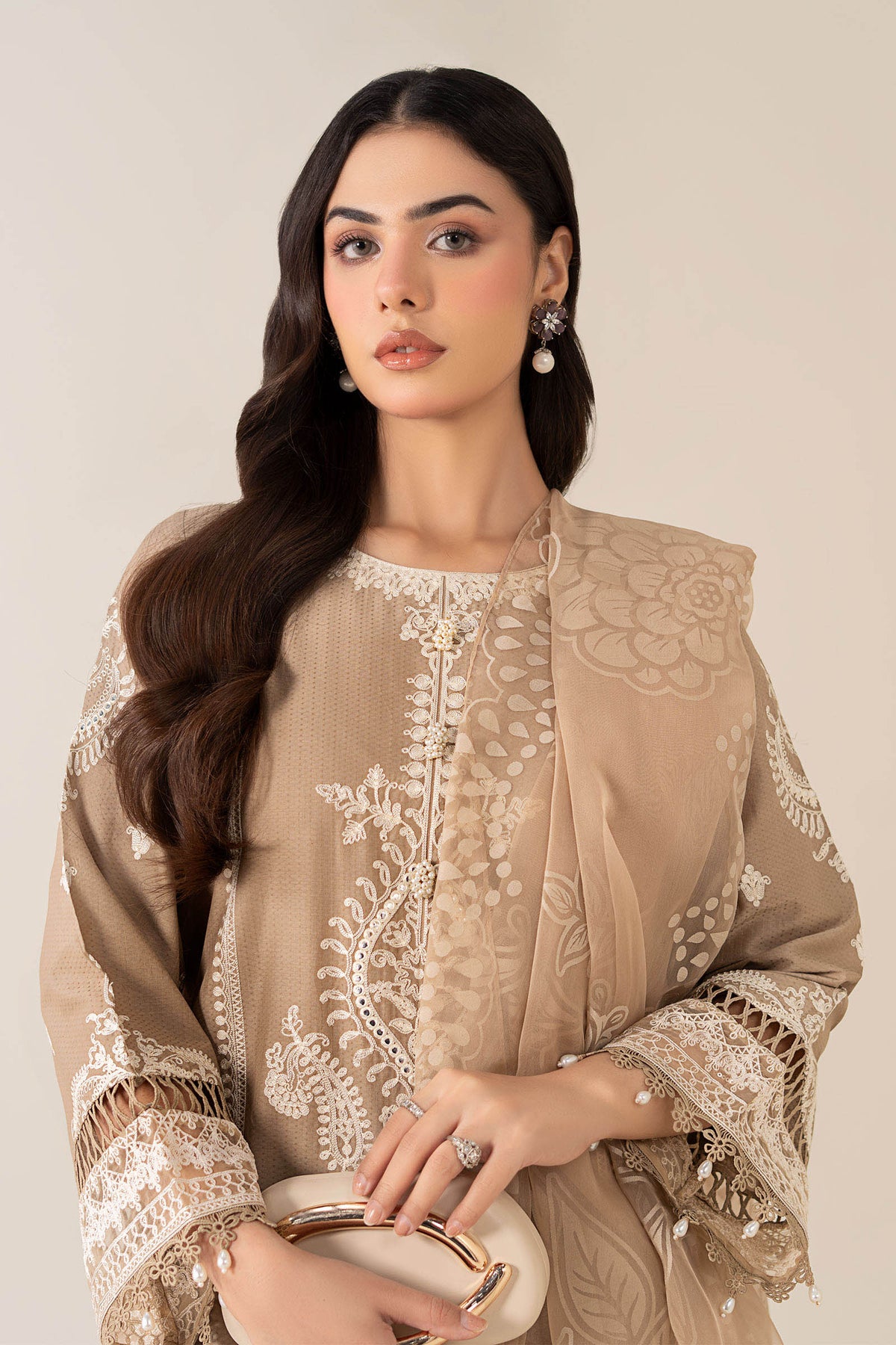 Maria B | Pre Fall Dresses | 3 Piece Embroidered Suit Coffee by Maria B - Designer Dress  - Type : Ladies Clothes - Available at Libayah - 100% Original 