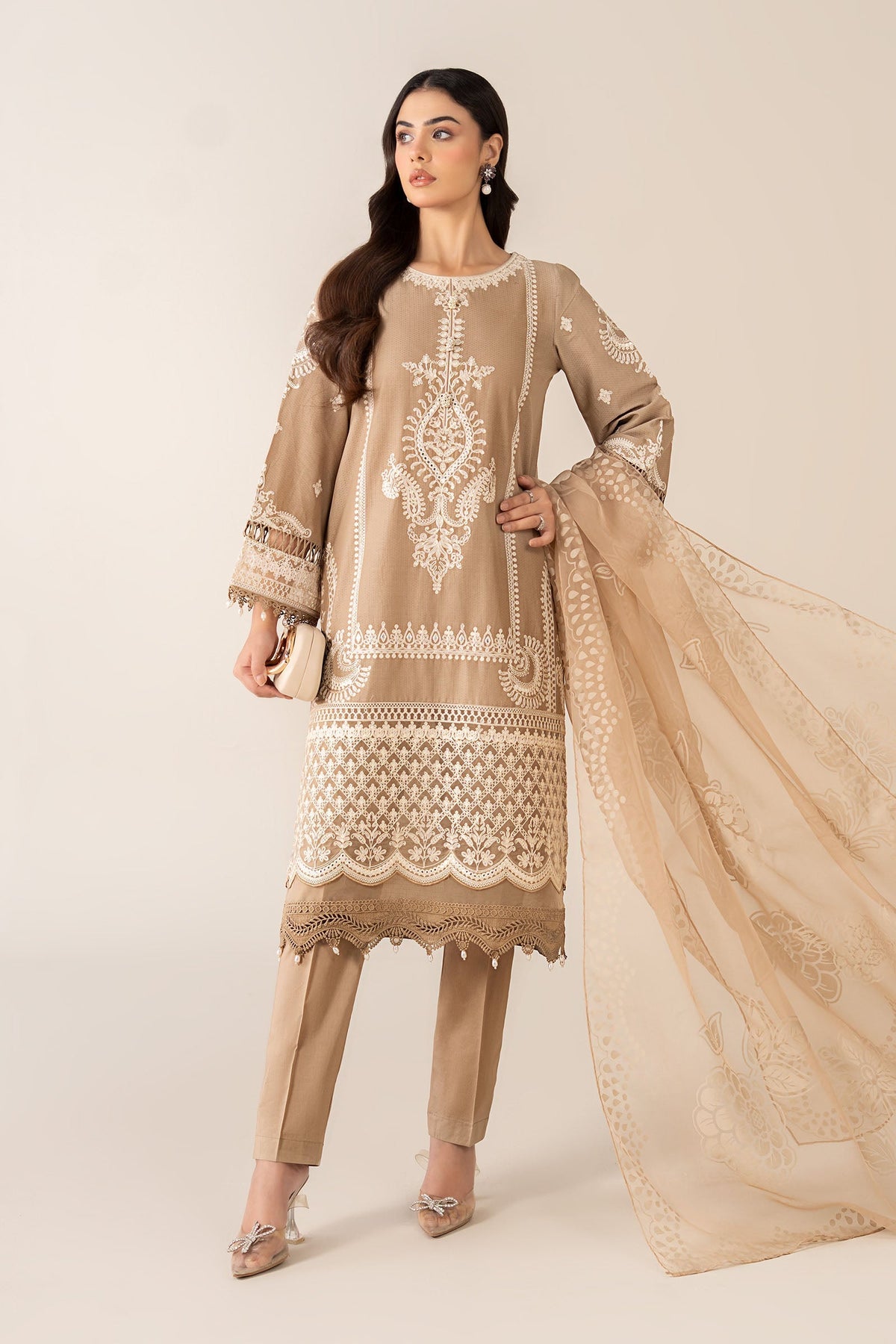 Maria B | Pre Fall Dresses | 3 Piece Embroidered Suit Coffee by Maria B - Designer Dress  - Type : Ladies Clothes - Available at Libayah - 100% Original 