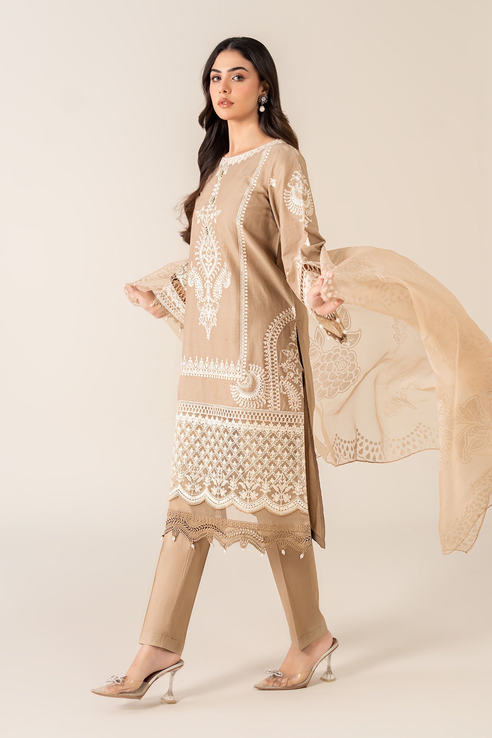 Maria B | Luxury Winter Pret 25 | DW-EA23-26R1-Coffee by Maria B - Designer Dress  - Type : Ladies Clothes - Available at Libayah - 100% Original 