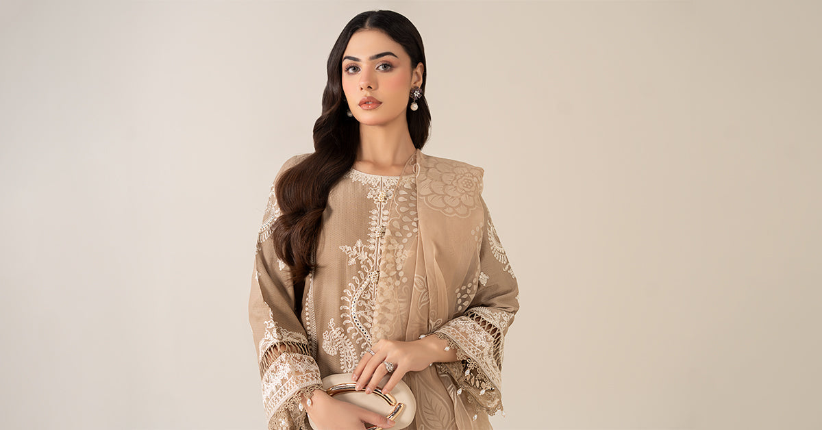 Maria B | Luxury Winter Pret 25 | DW-EA23-26R1-Coffee by Maria B - Designer Dress  - Type : Ladies Clothes - Available at Libayah - 100% Original 